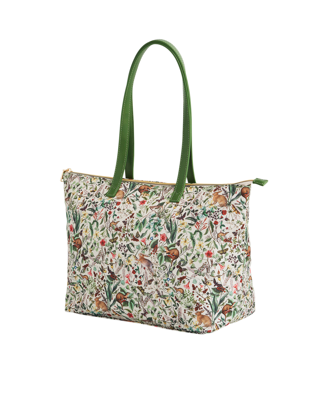 Floral-patterned tote bag with green handles on a white background