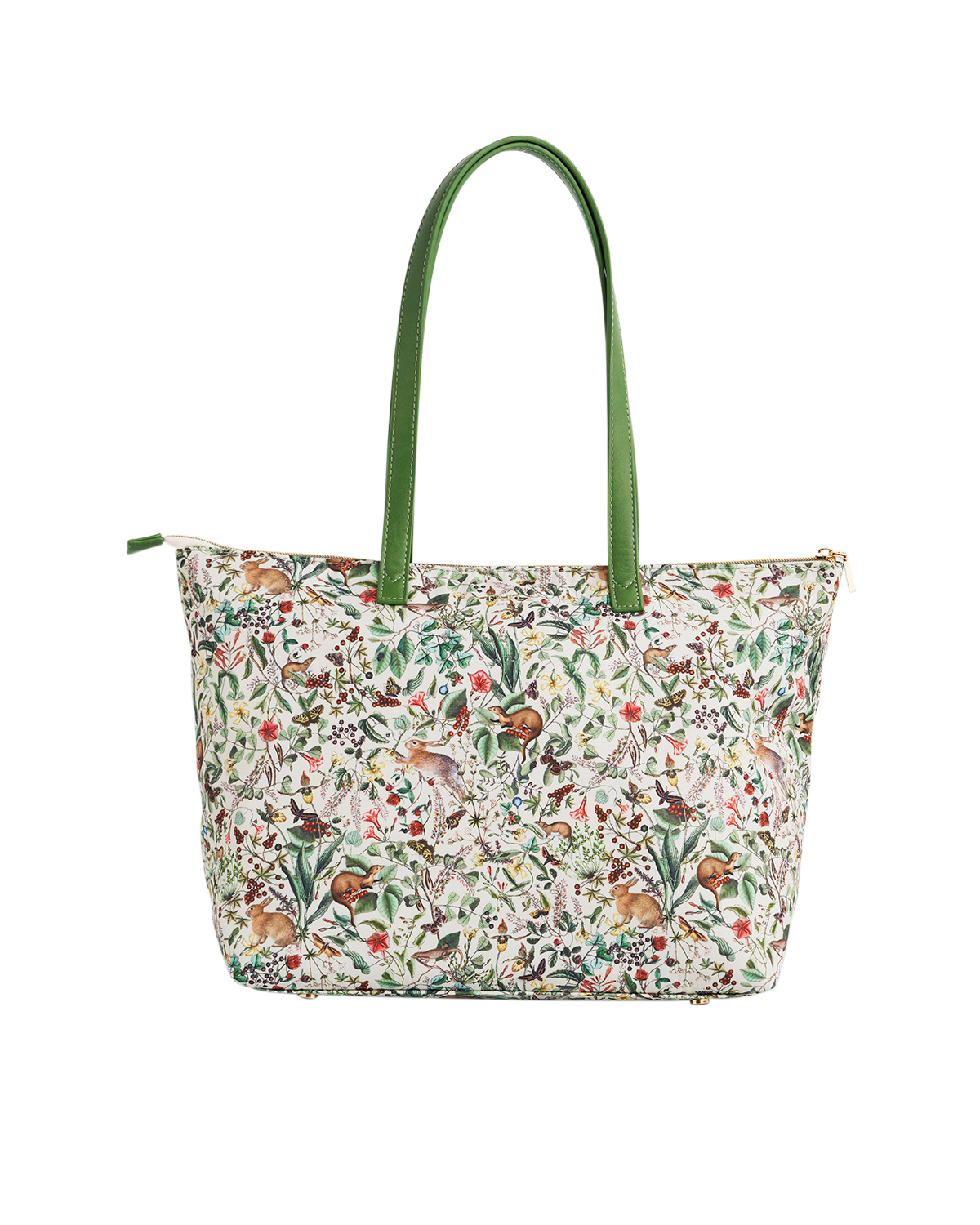 Floral-patterned tote bag with green handle on a white background