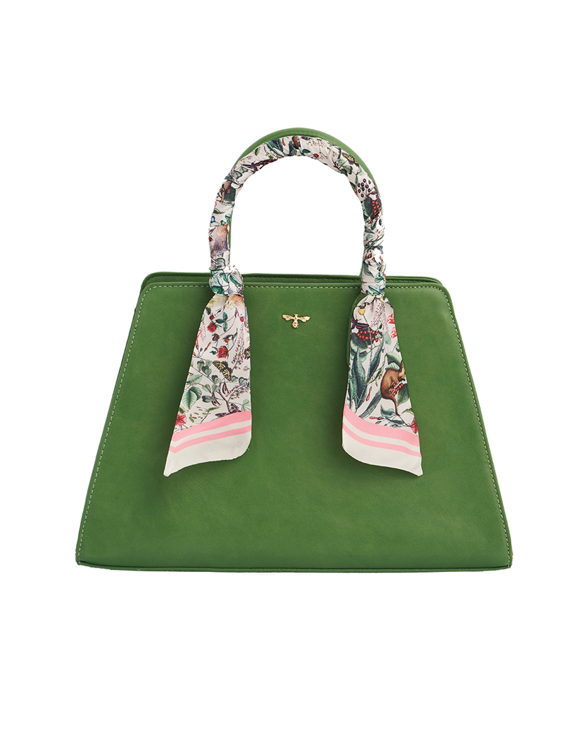 Green handbag with floral skinny scarf on handle on a white background