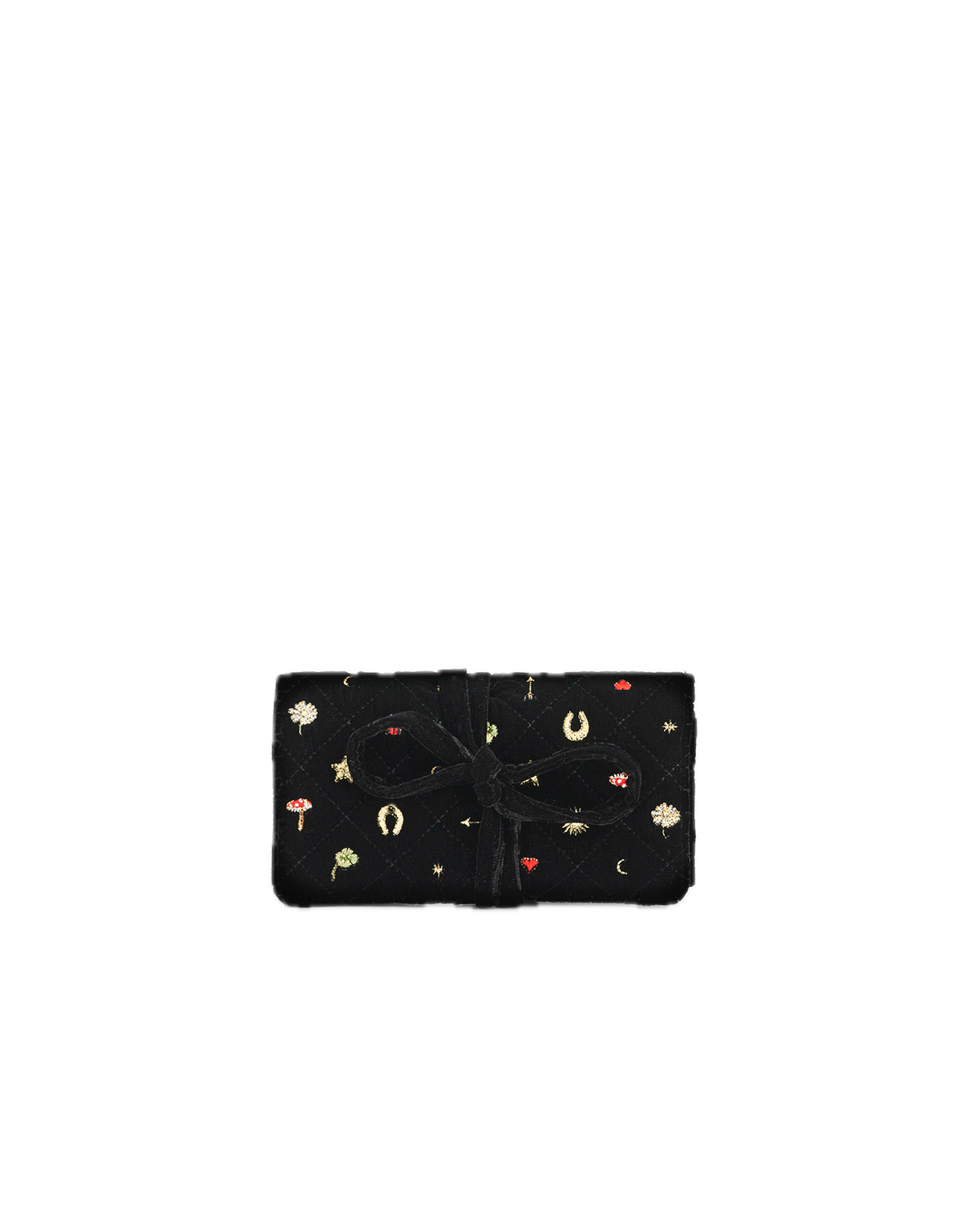 Black velvet jewellery roll with colourful designs on a white background