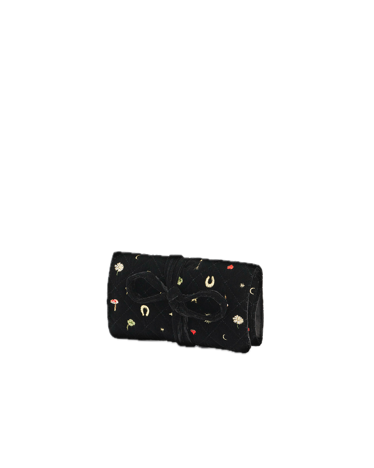 Black velvet jewellery roll with colourful embellishments on a white background