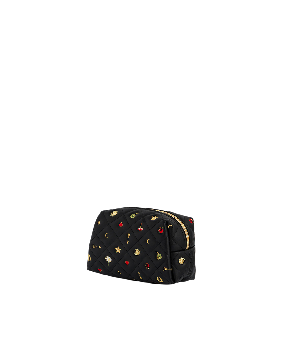 Black Quilted Celestial Embroidered Pouch with star patterns on a white background