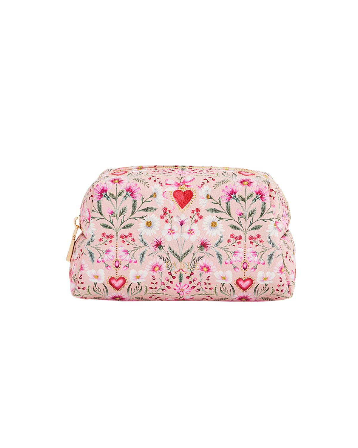 pink floral heart design on cosmetic pouch