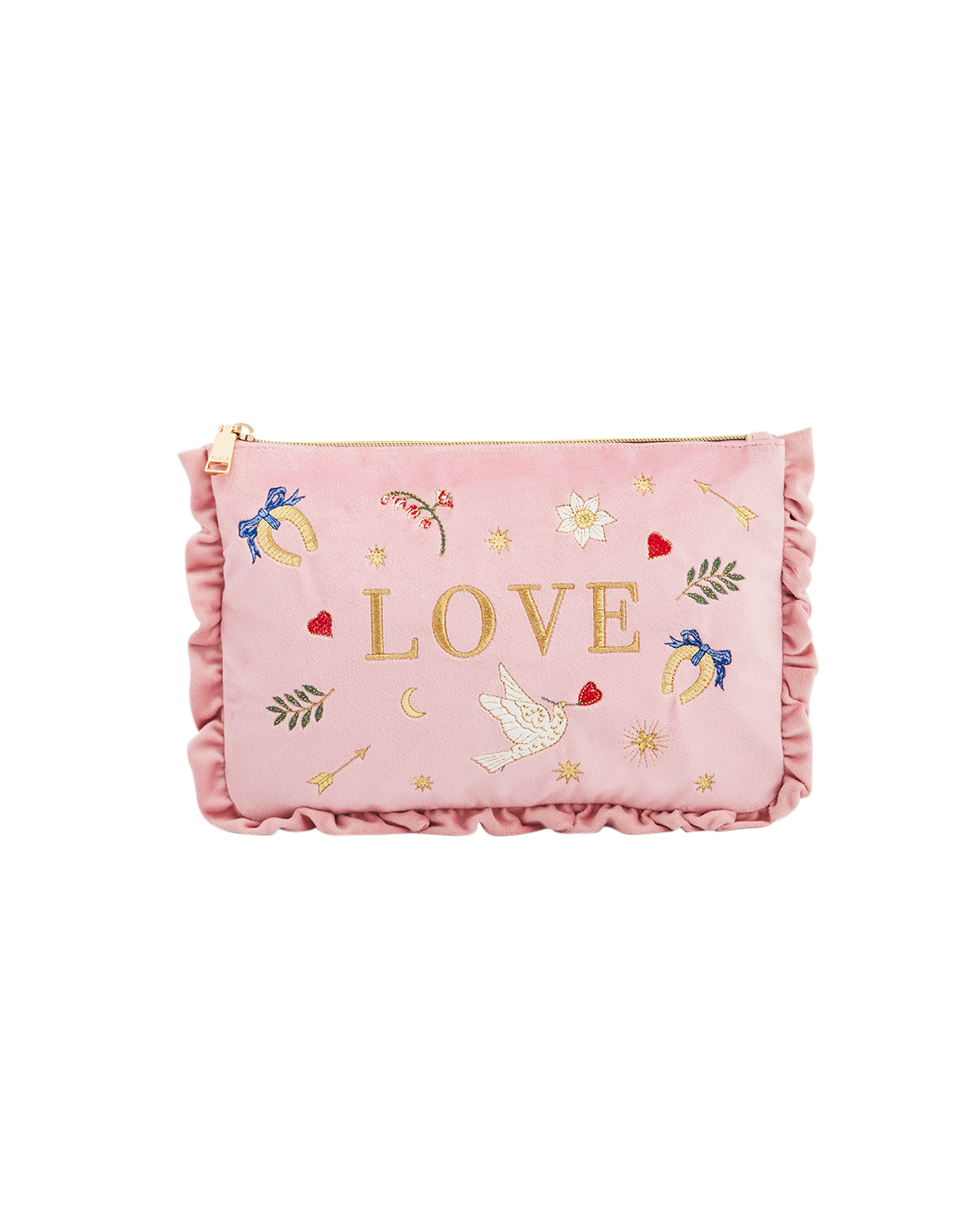 Pink pouch with 'LOVE' and decorative elements on a white background