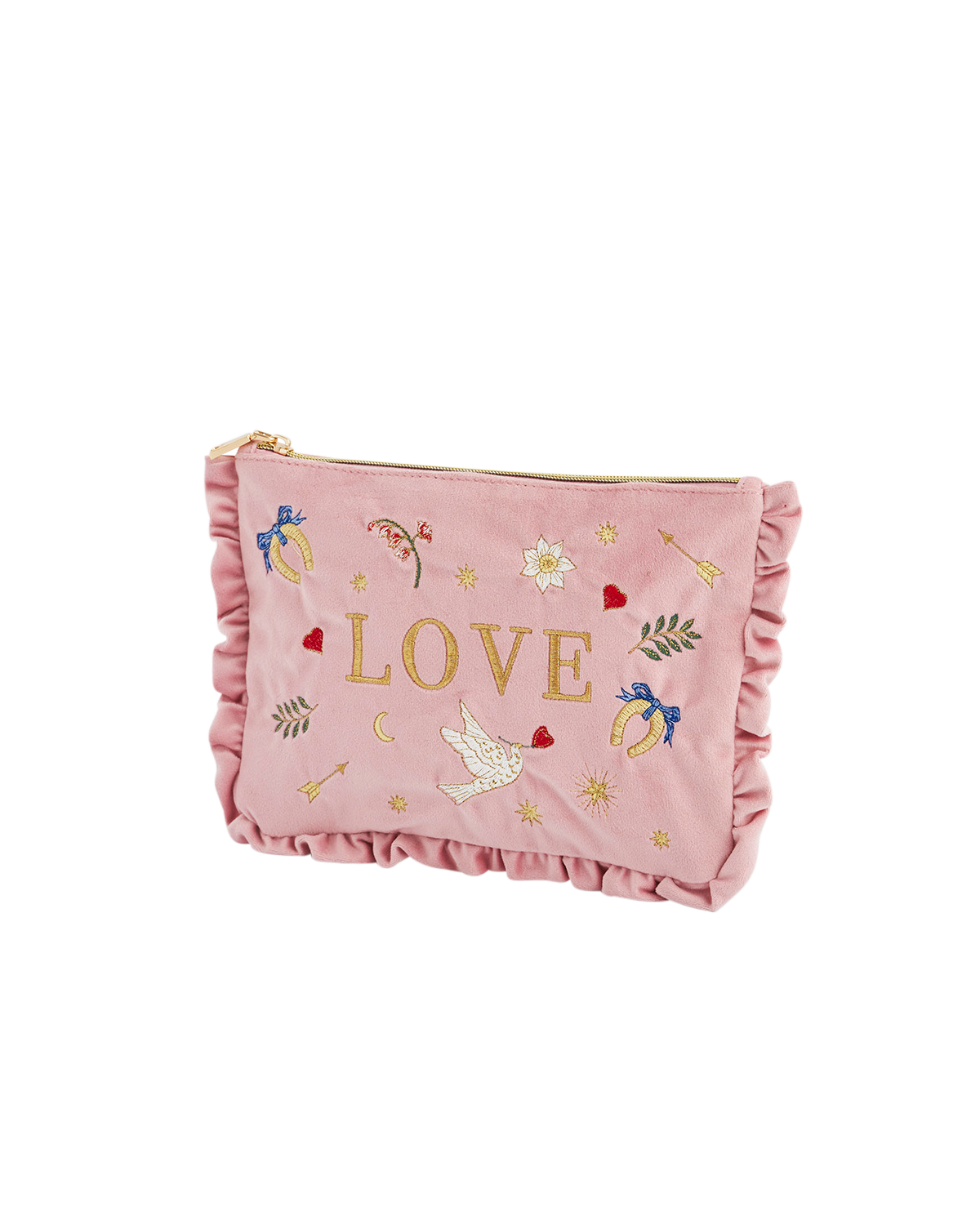 Pink pouch with 'LOVE' and decorative elements on a white background