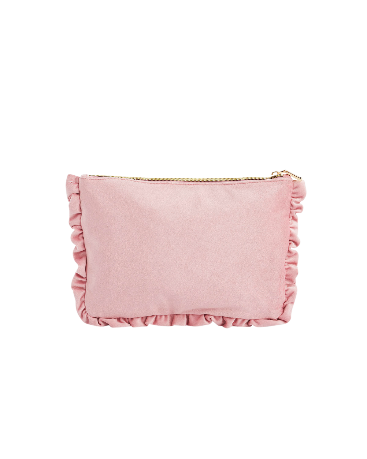 Pink pouch with ruffled edges on a white background