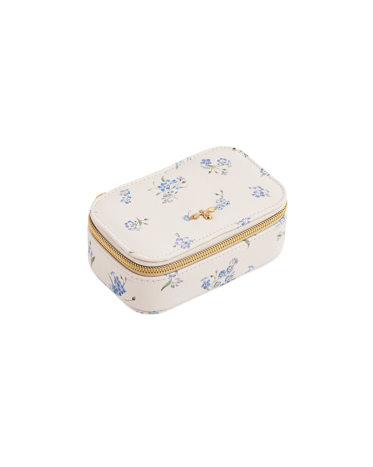 Small cream-colored jewelry box with floral patterns and a gold zipper on a white background