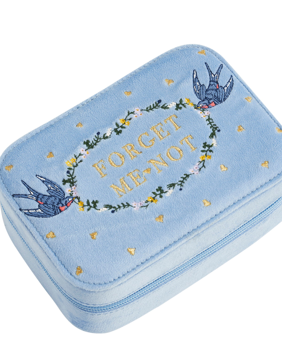 Blue Forget Me Not Velvet Embroidered Jewellery Box Large featuring delicate floral embroidery and plush velvet.