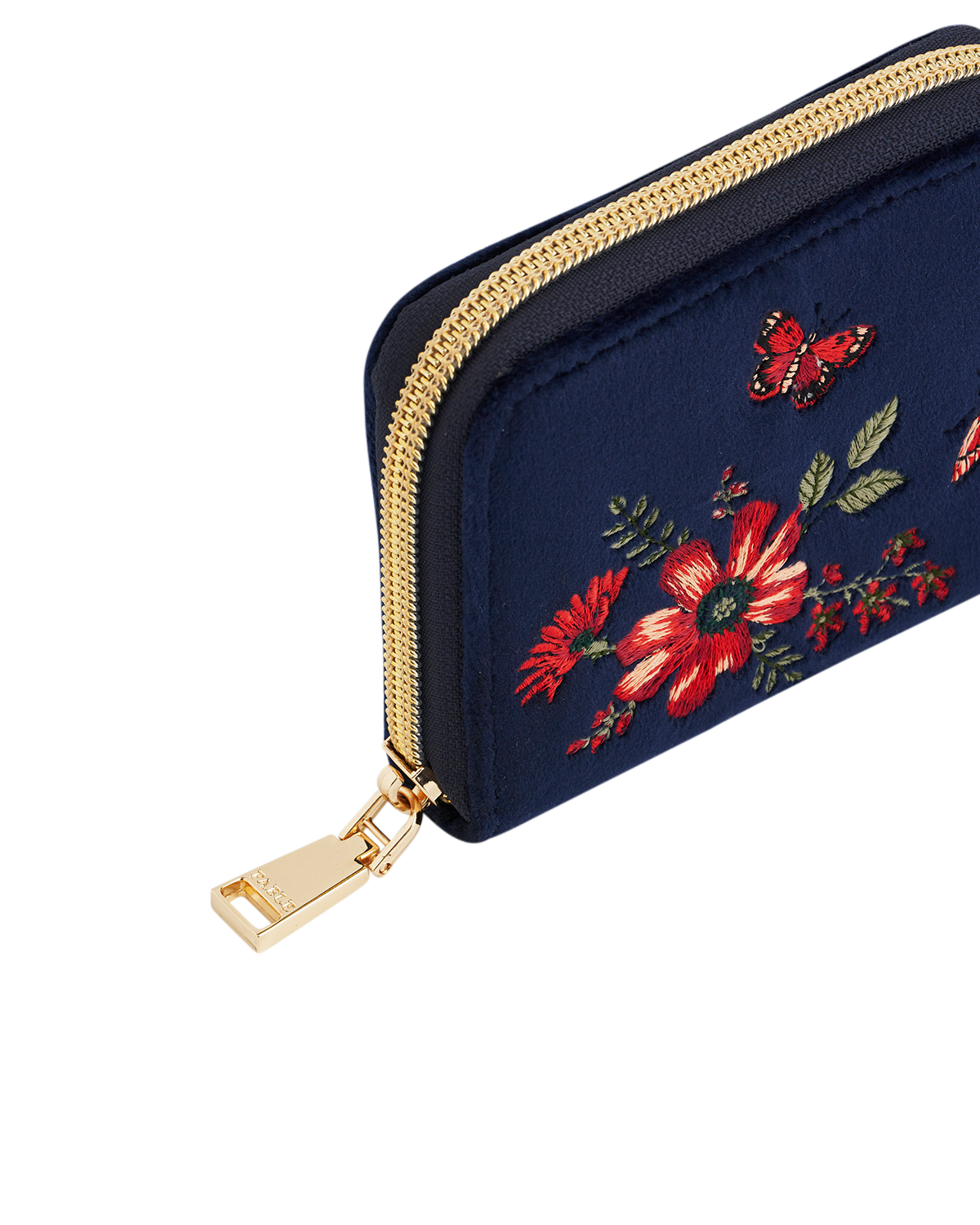 Navy blue wallet with floral embroidery and gold zipper on a white background