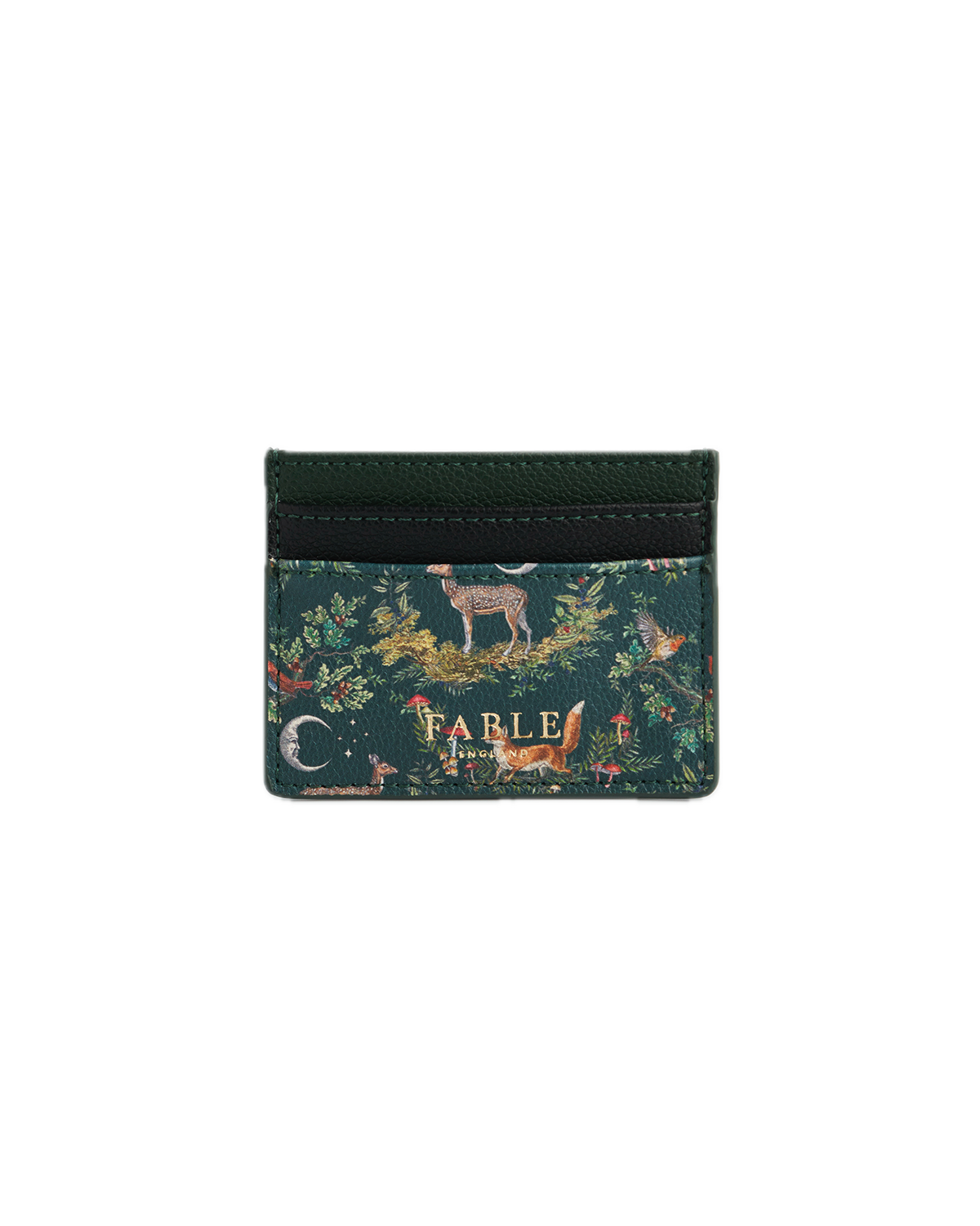 Green Into The Woods Card Holder featuring woodland animals and toadstools on a forest green background.