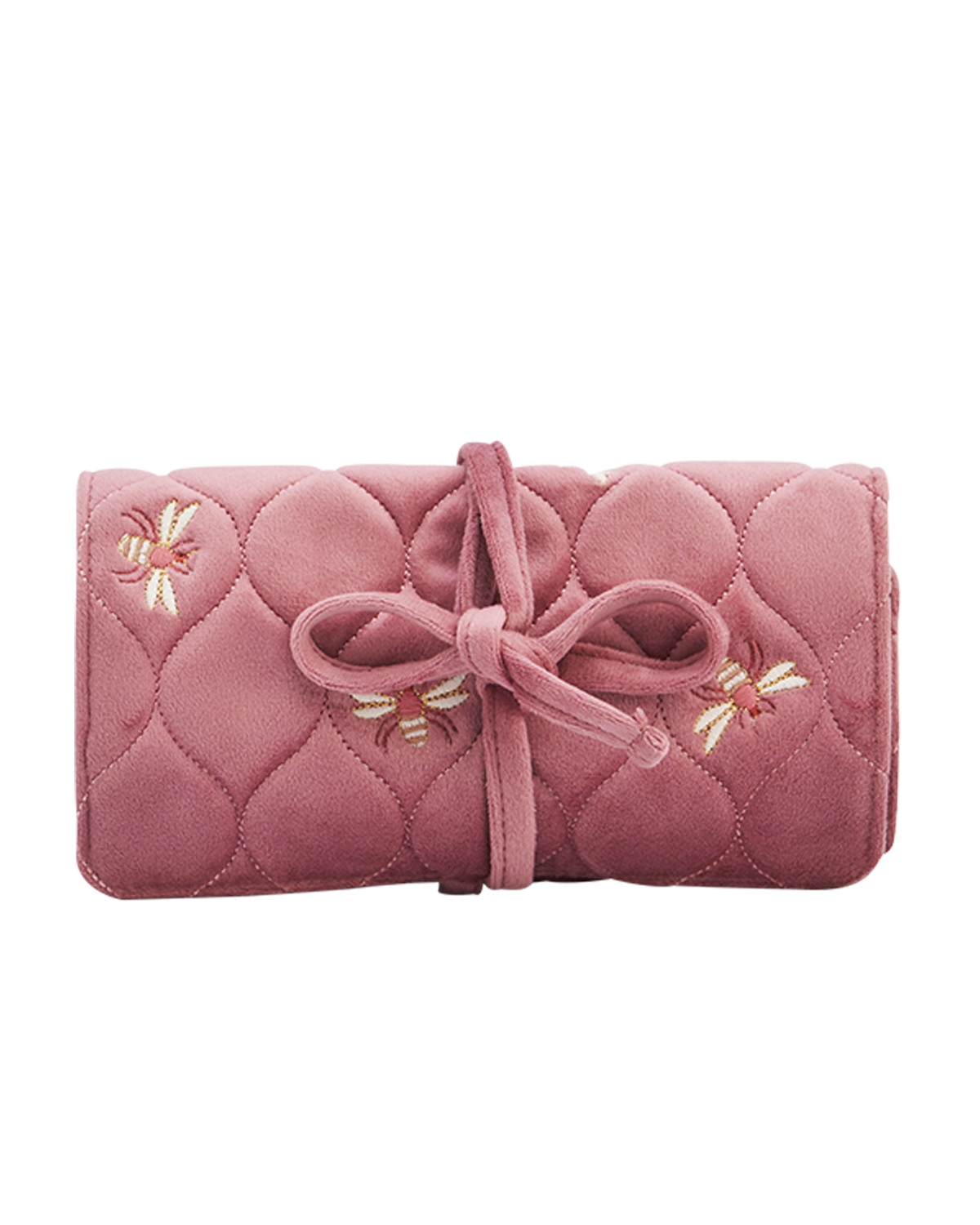 Pink quilted clutch with embroidered details on a white background