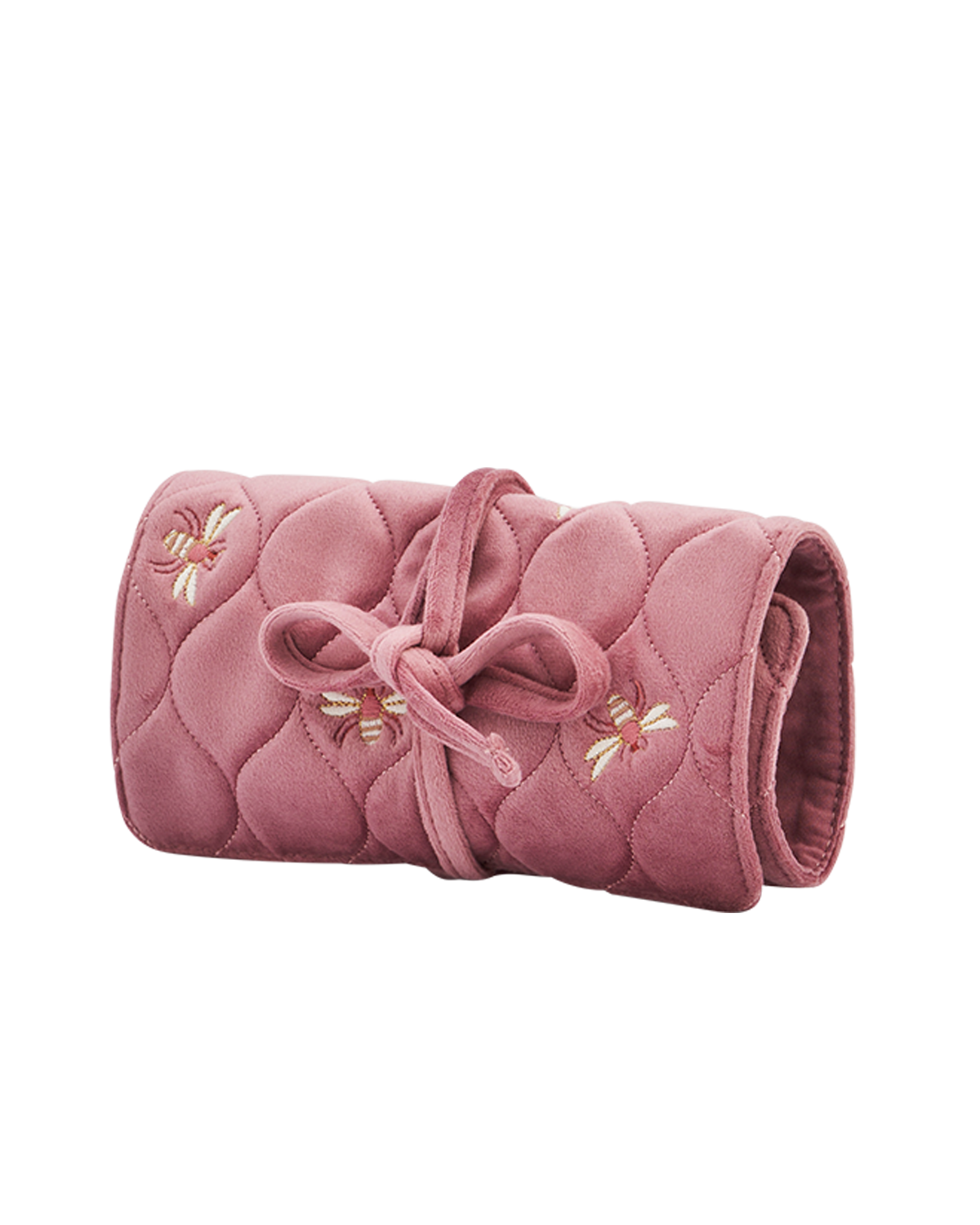 Pink quilted roll-up bag with embroidered details on a white background