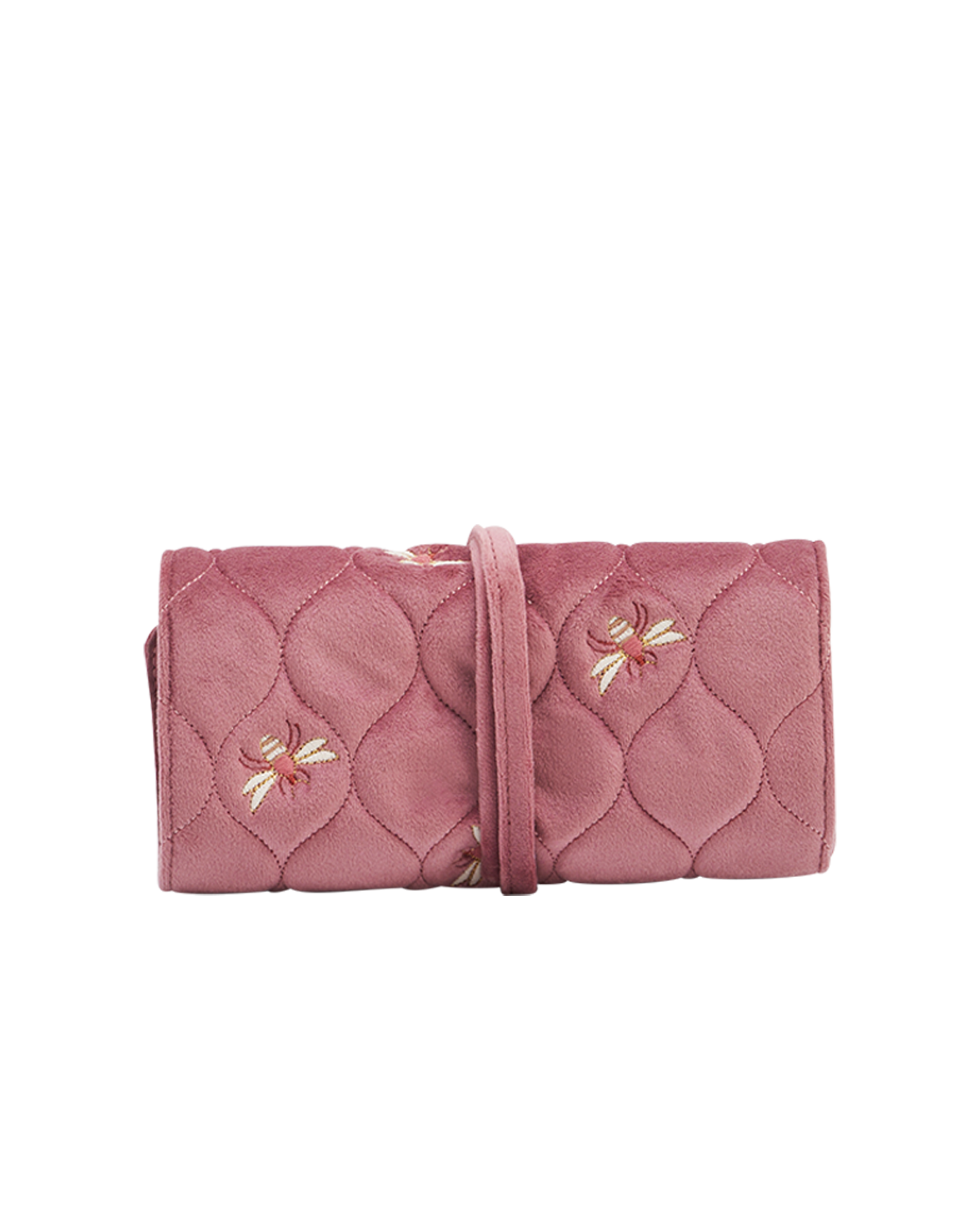 Pink quilted jewellery roll with floral embroidery on a white background