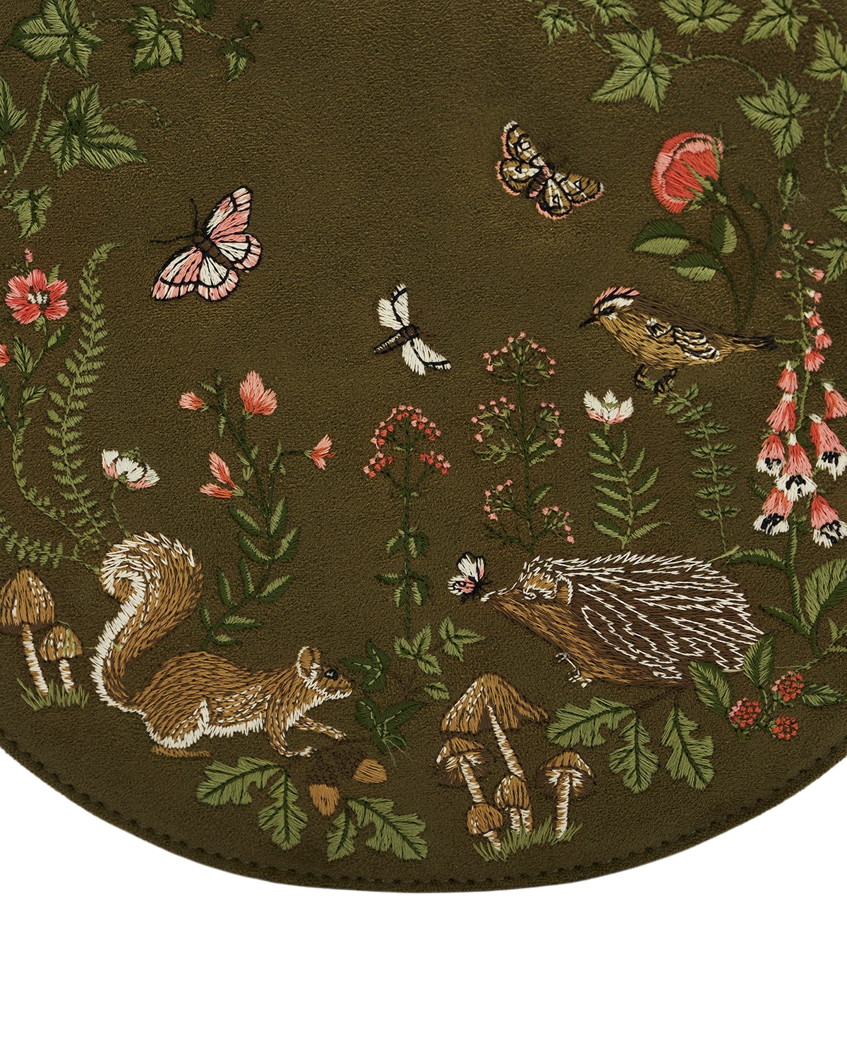 Charlotte Meadow Scene Embroidered Faux Suede Saddle Bag in Khaki