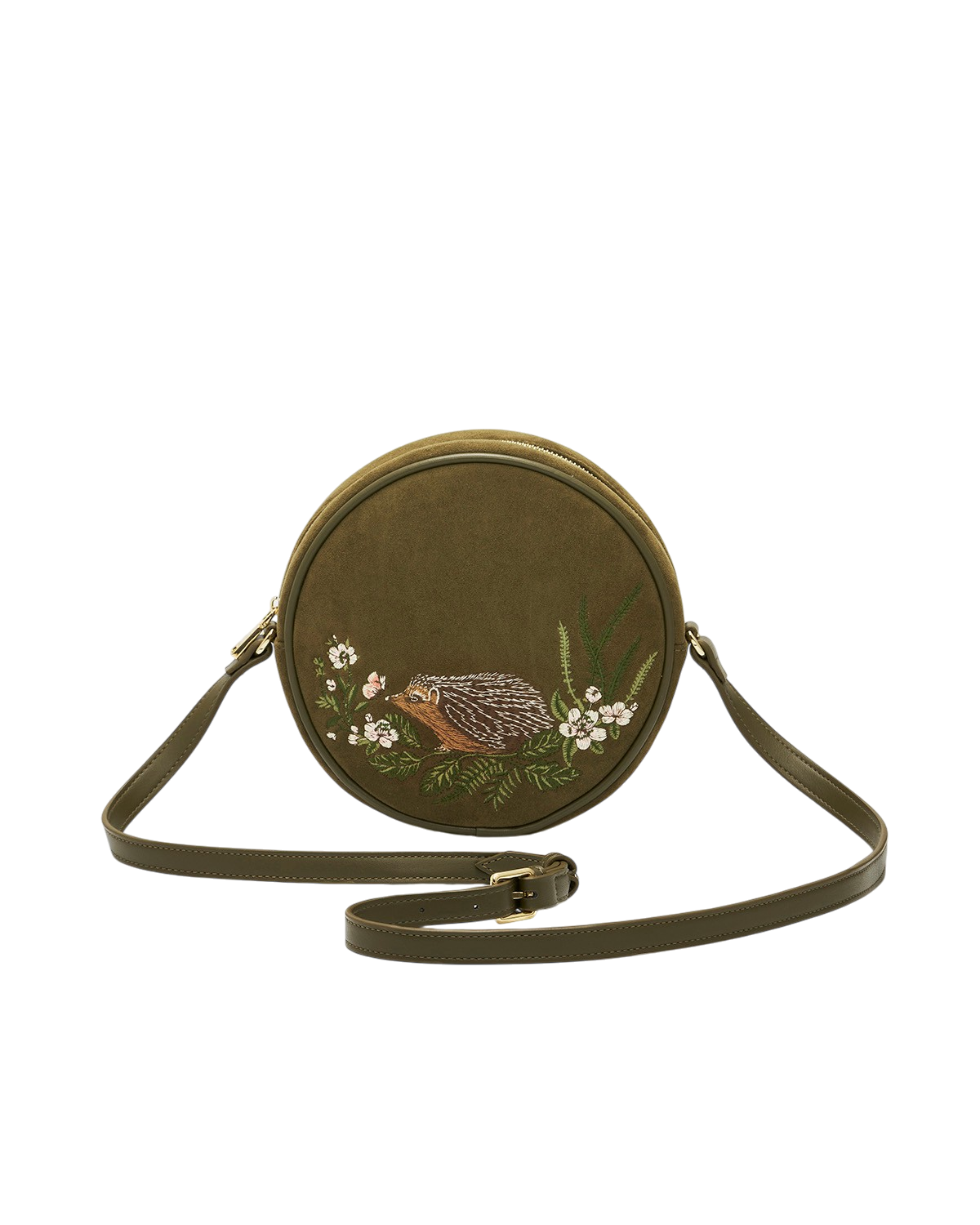 Chloe Hedgehog Embroidered Faux Suede Circle Bag in Khaki
