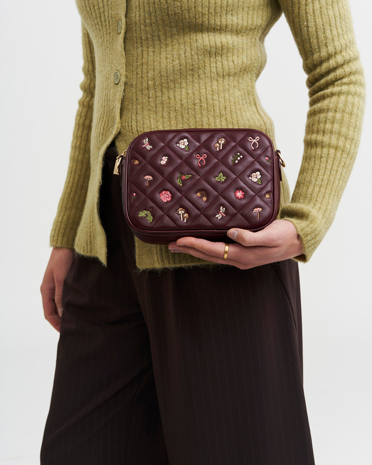 Alice Orla Embroidered Quilted Camera Bag in Burgundy