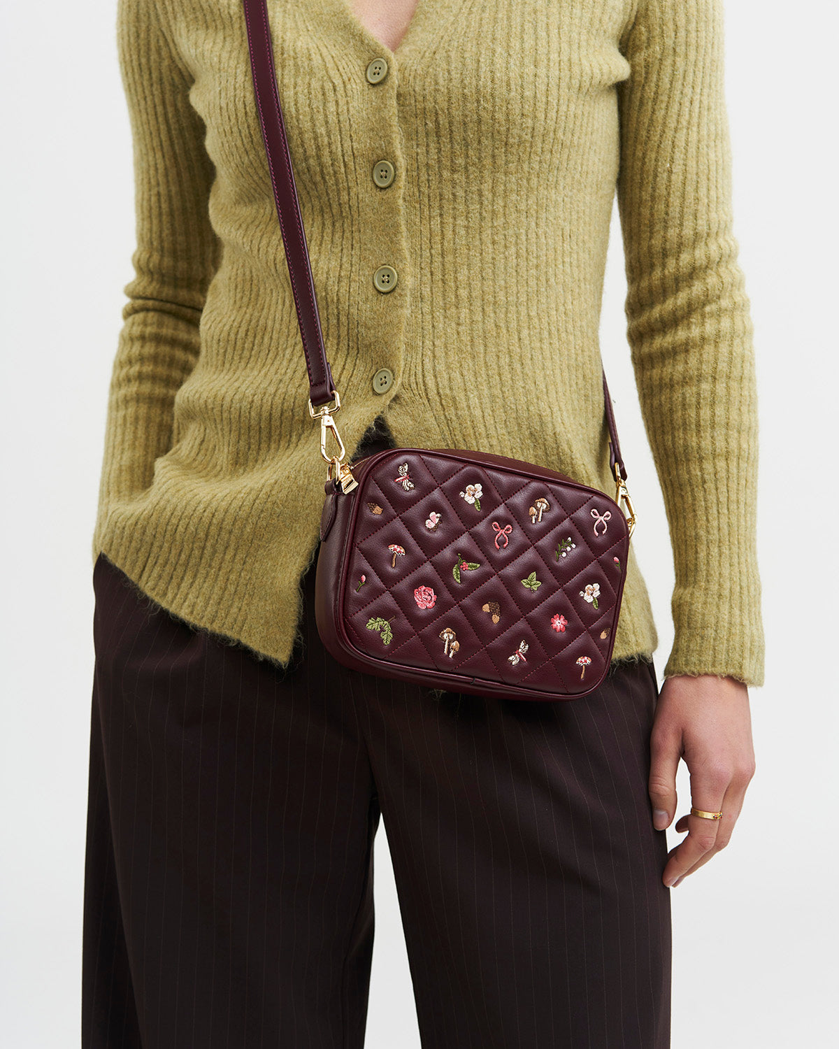 Alice Orla Embroidered Quilted Camera Bag in Burgundy