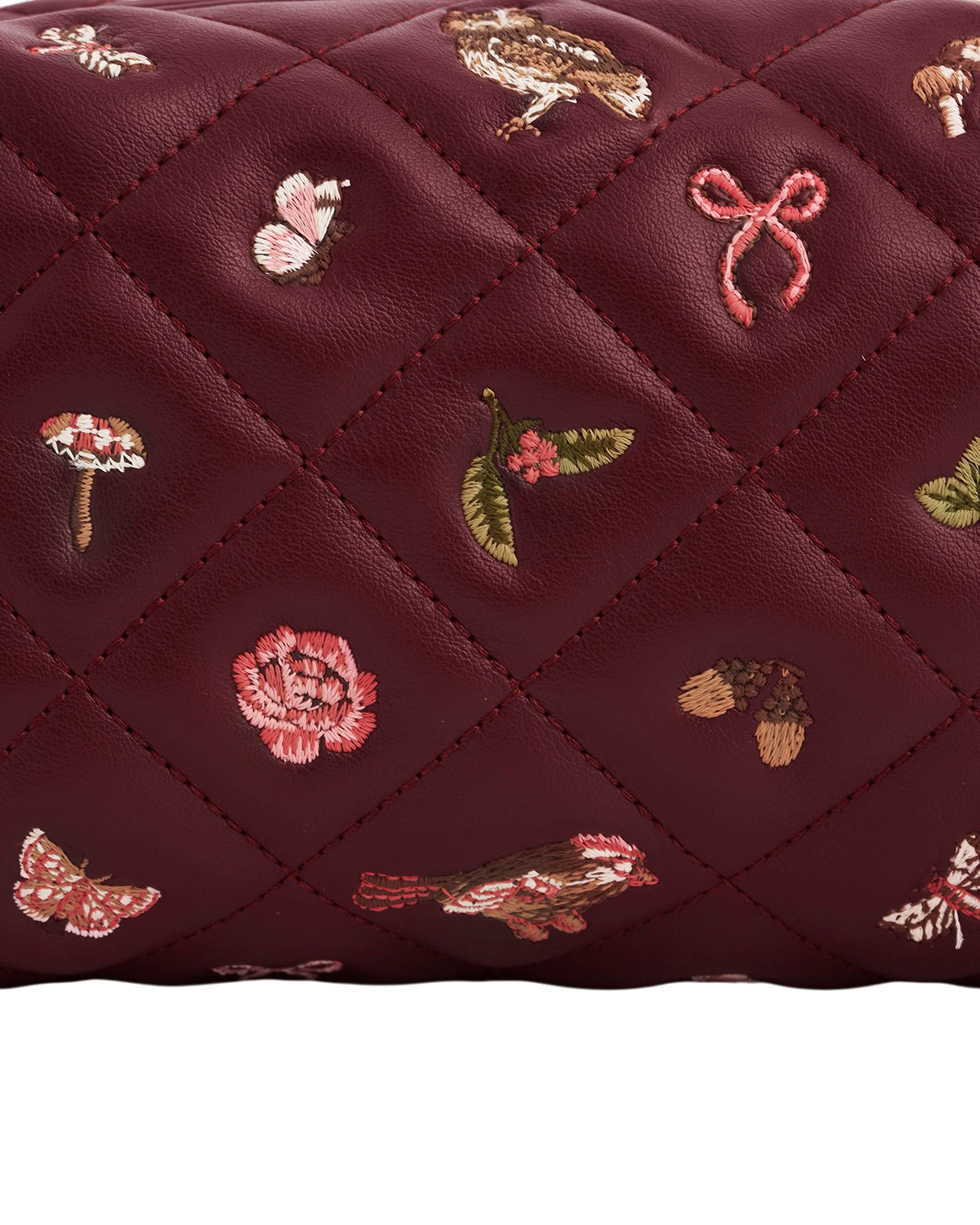 Embroidered Quilted Medium Pouch in Burgundy