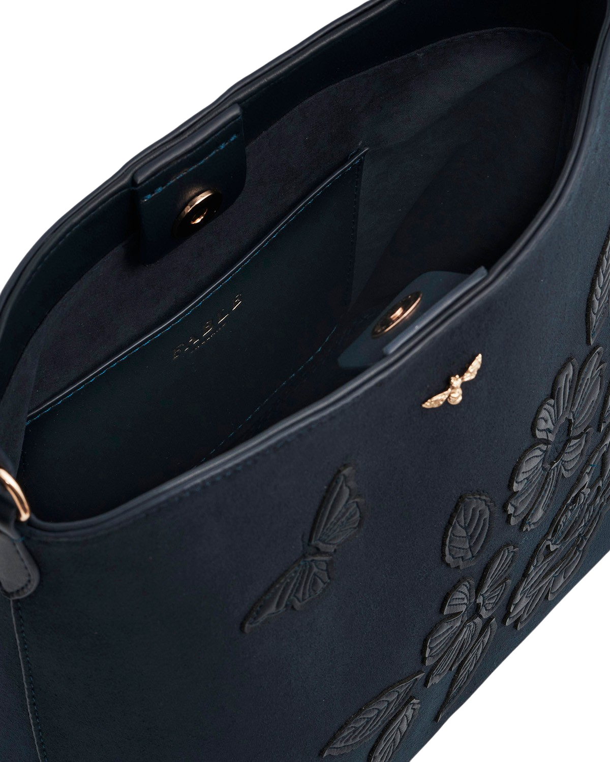 Margot Floral Applique Faux Suede Bucket Bag in Navy