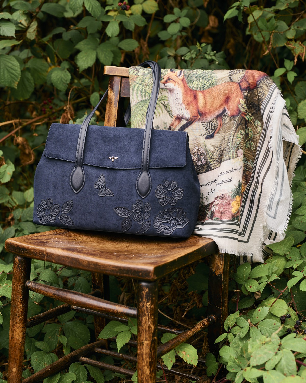 Romilly Floral Applique Faux Suede Shoulder Bag in Navy styled