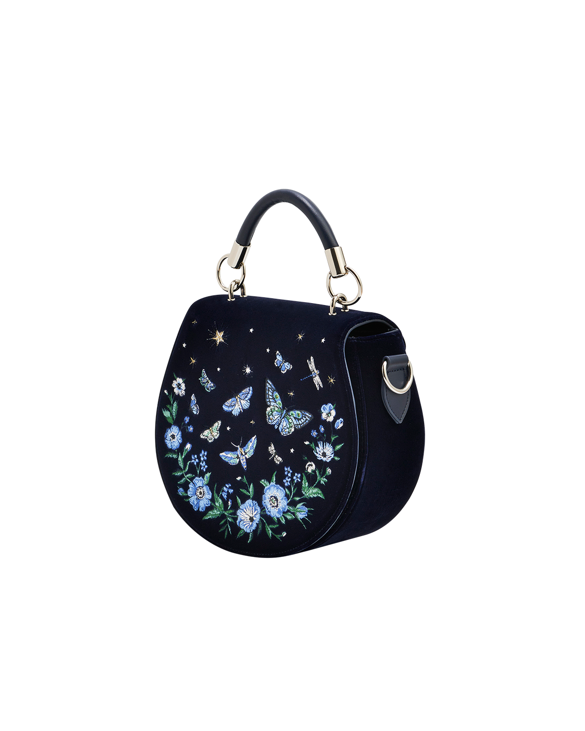 Charlotte Schmetterling Bestickte Satteltasche in Marineblauem Samt
