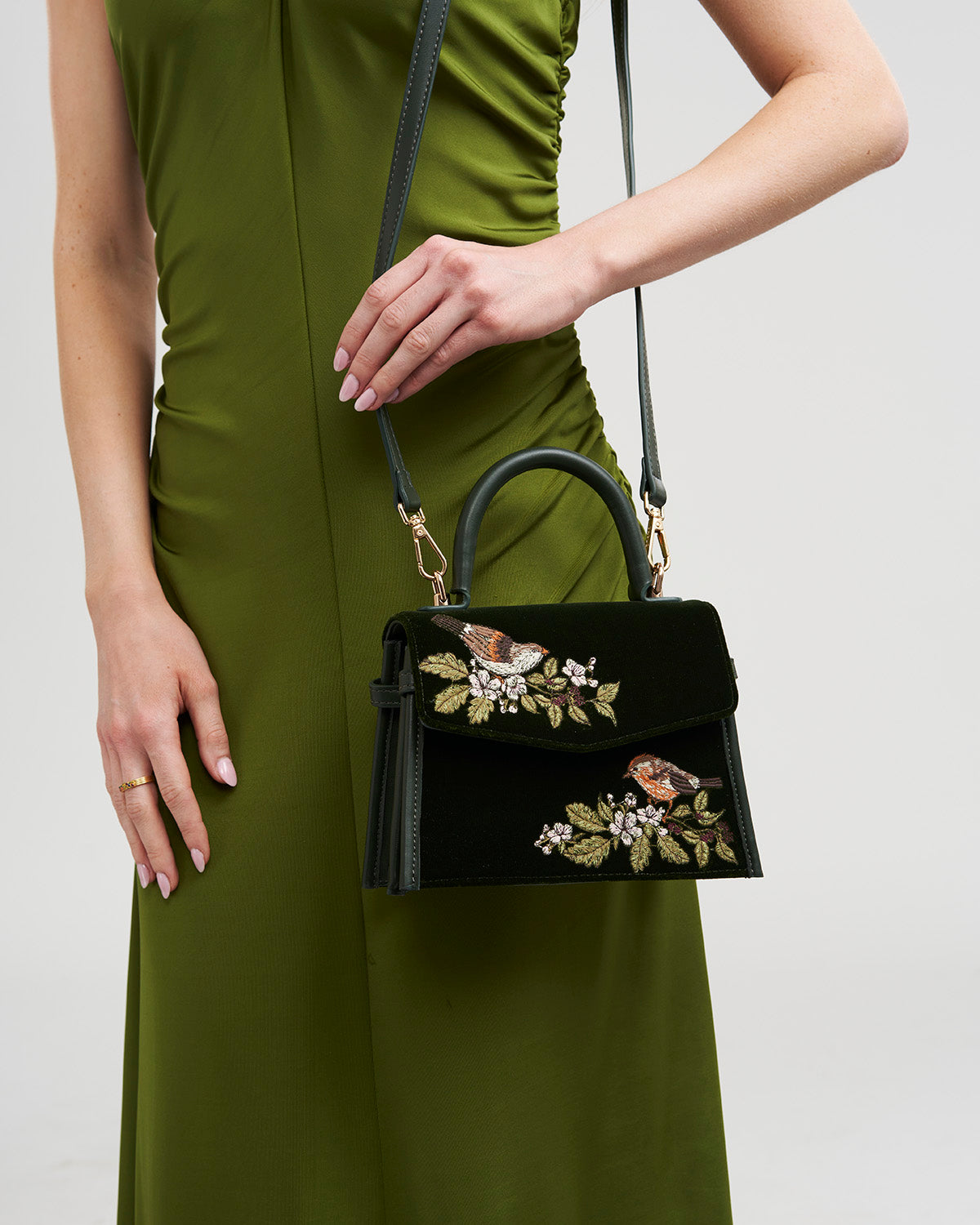 Eliza Wren Embroidered Top handle bag in Green Velvet