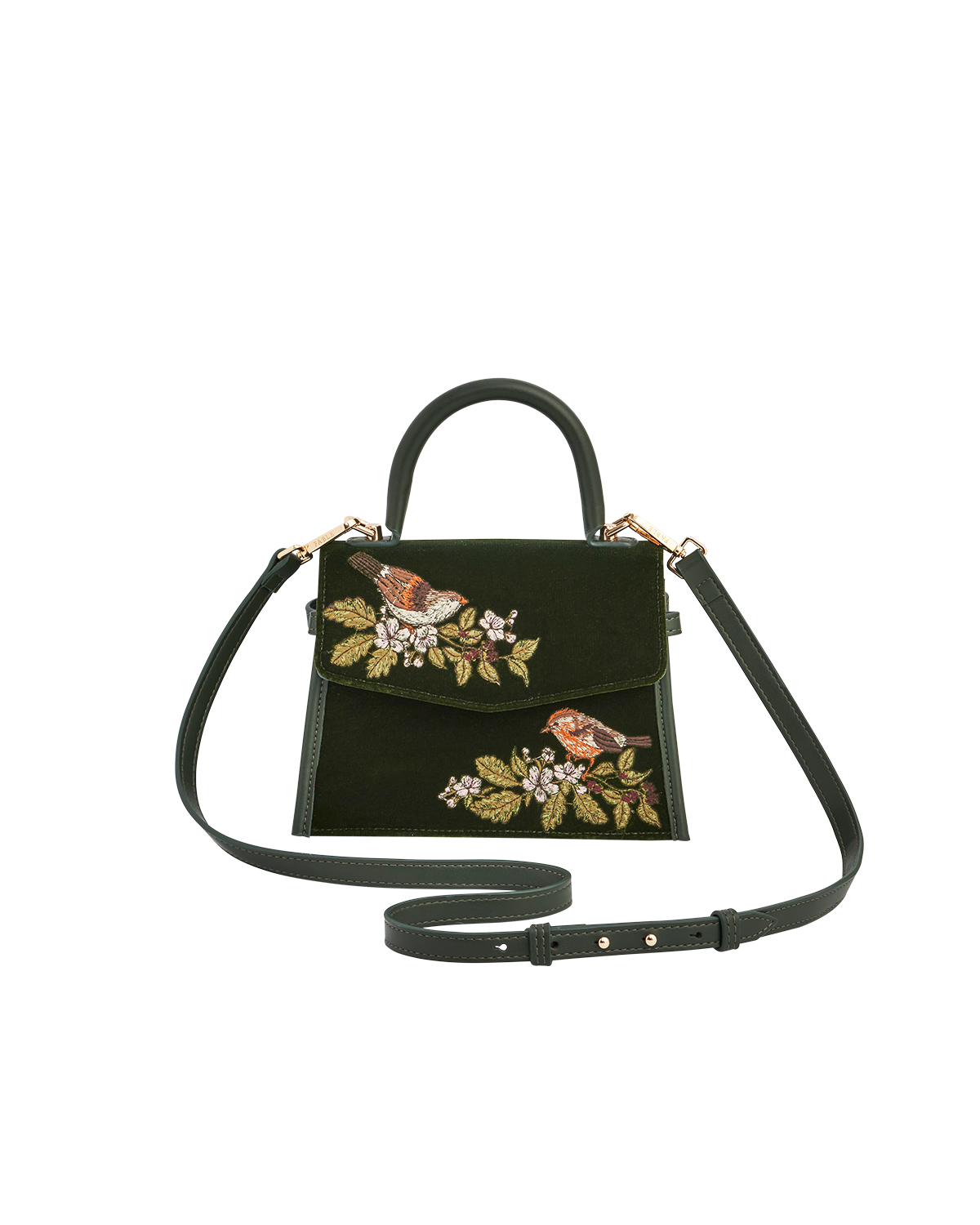 Eliza Wren Embroidered Top handle bag in Green Velvet