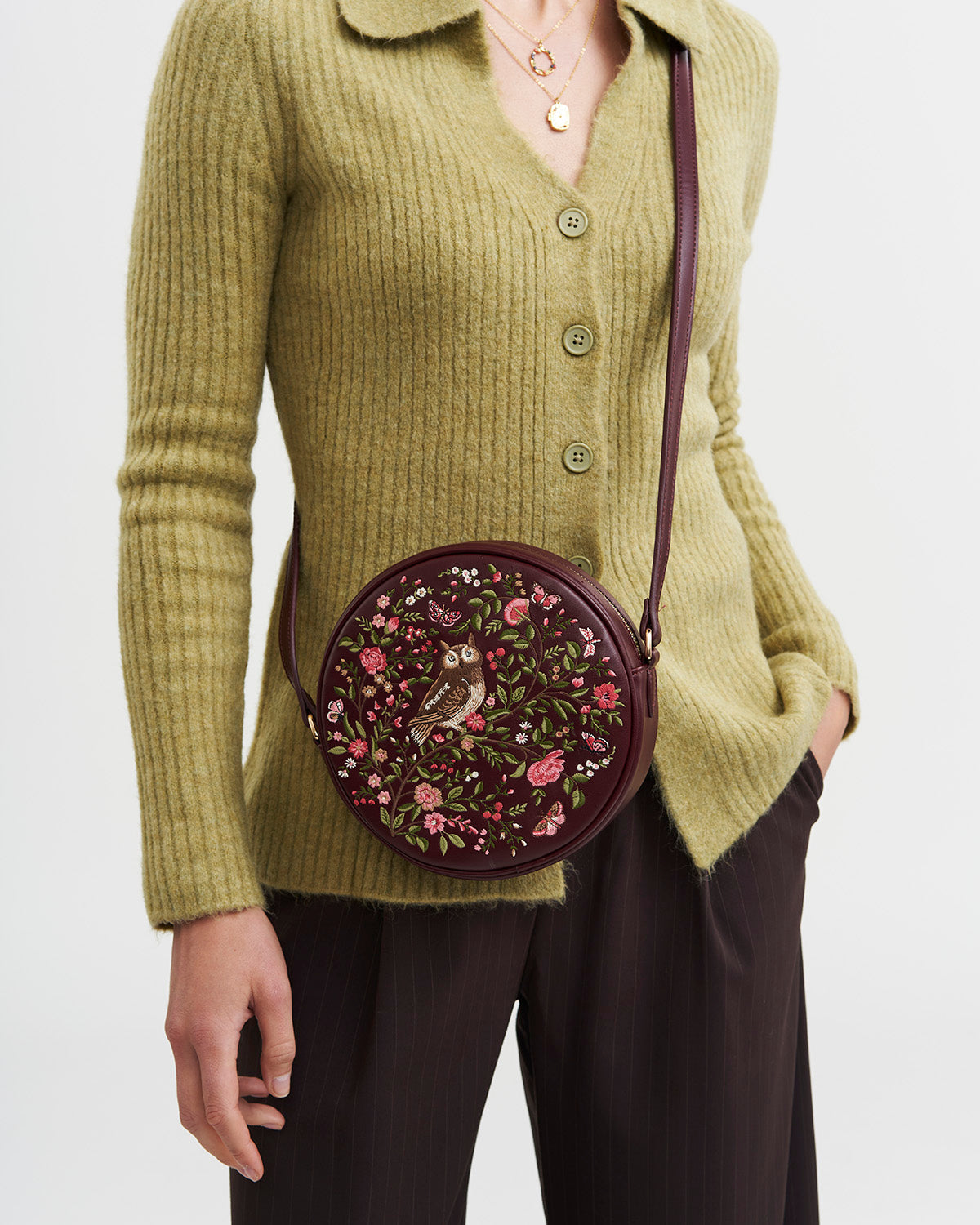 Chloe Owl Embroidered Circle Bag in Burgundy