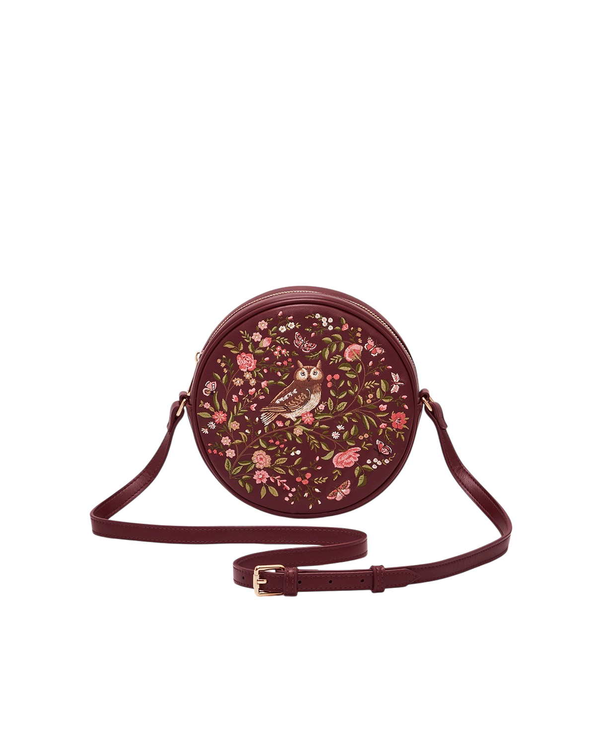 Chloe Owl Embroidered Circle Bag in Burgundy