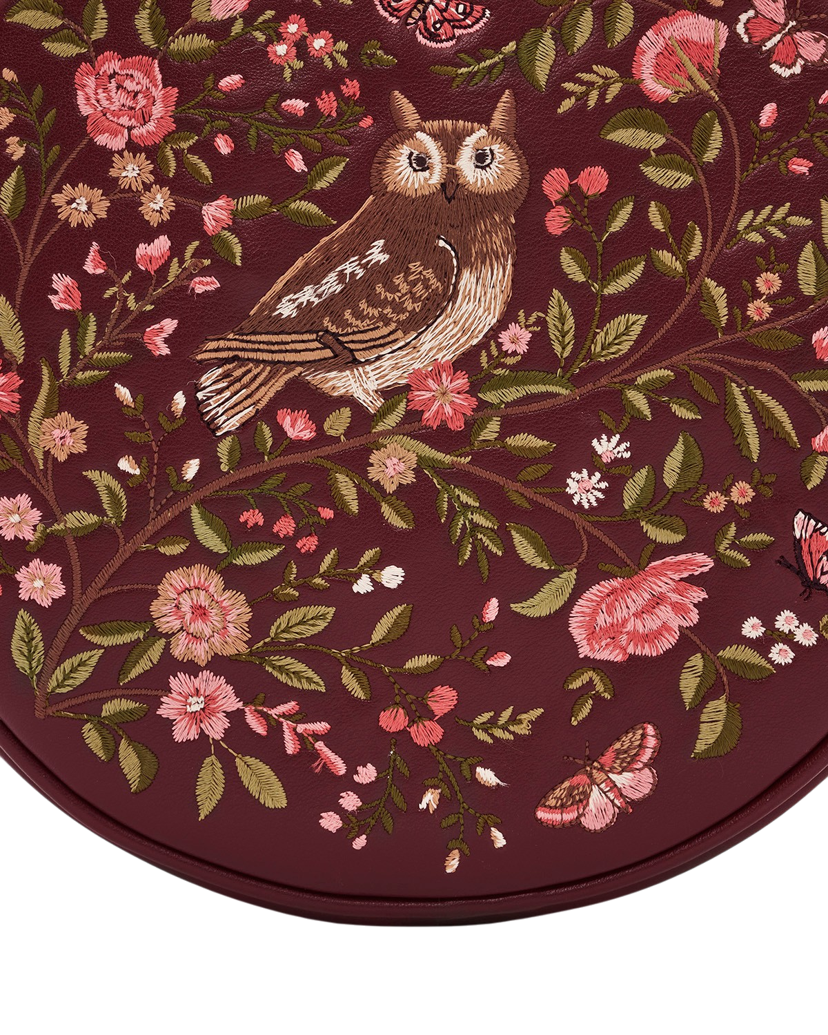 Chloe Owl Embroidered Circle Bag in Burgundy