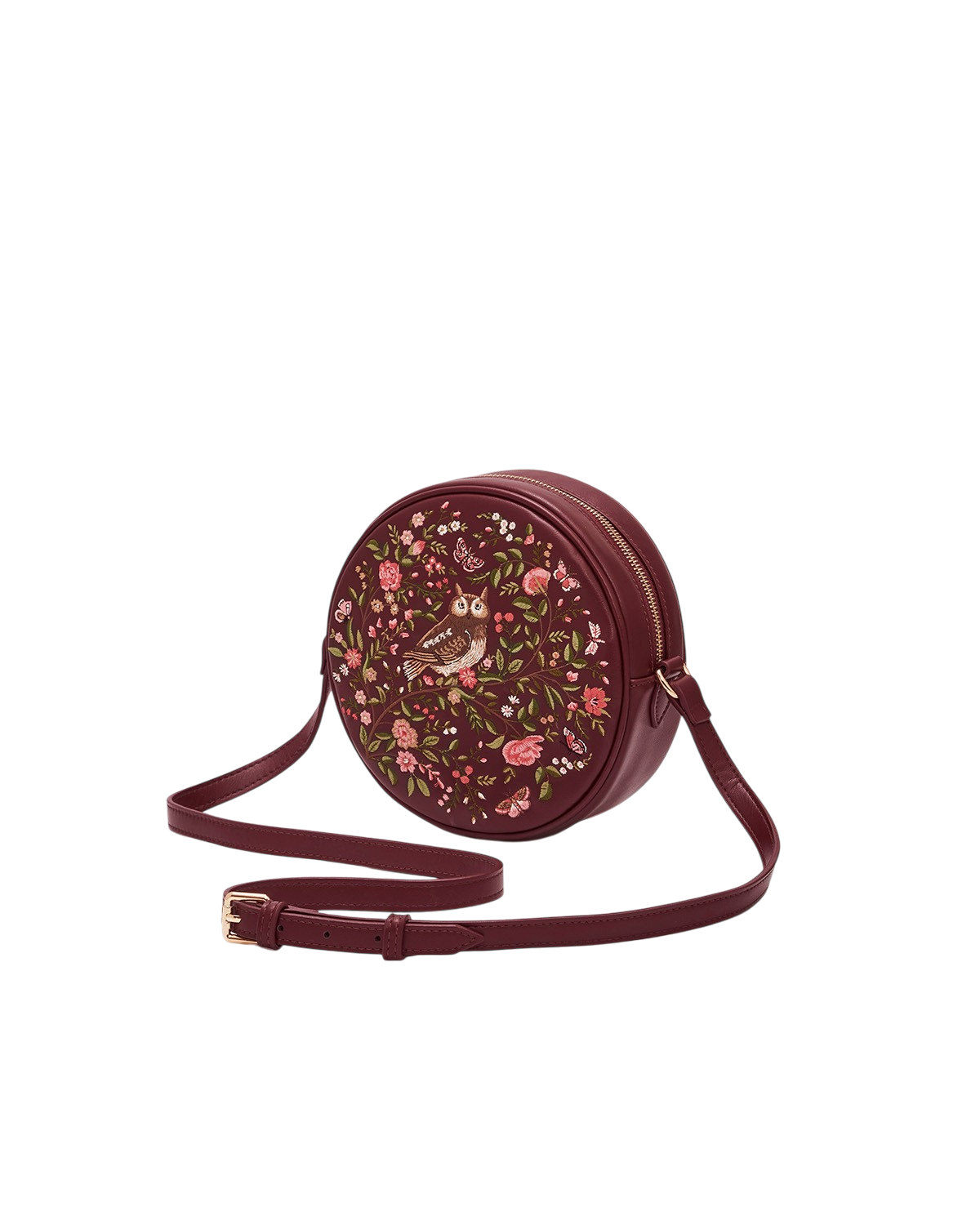Chloe Owl Embroidered Circle Bag in Burgundy