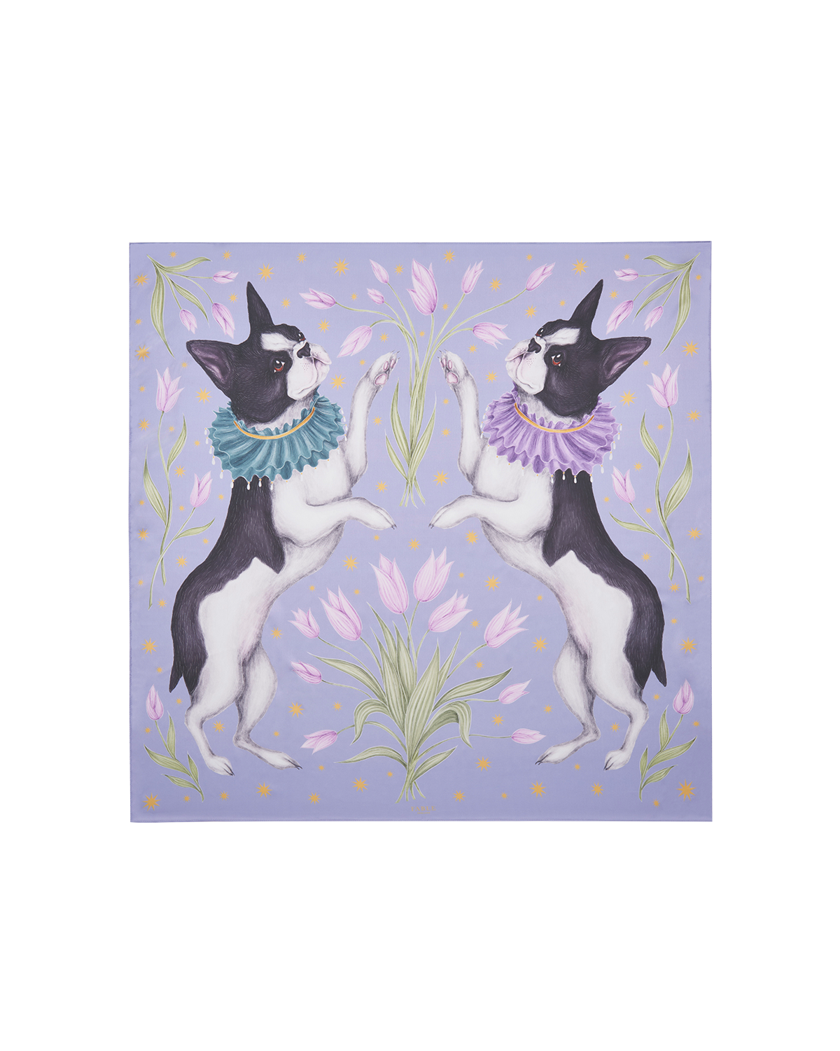 Foulard carré en soie Bouledogue Pet Portraits par Catherine Rowe lavande