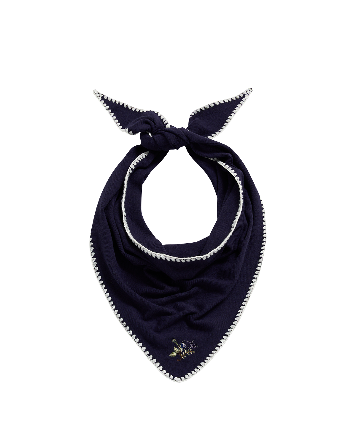 Navy blue triangle scarf with white trim on a white background