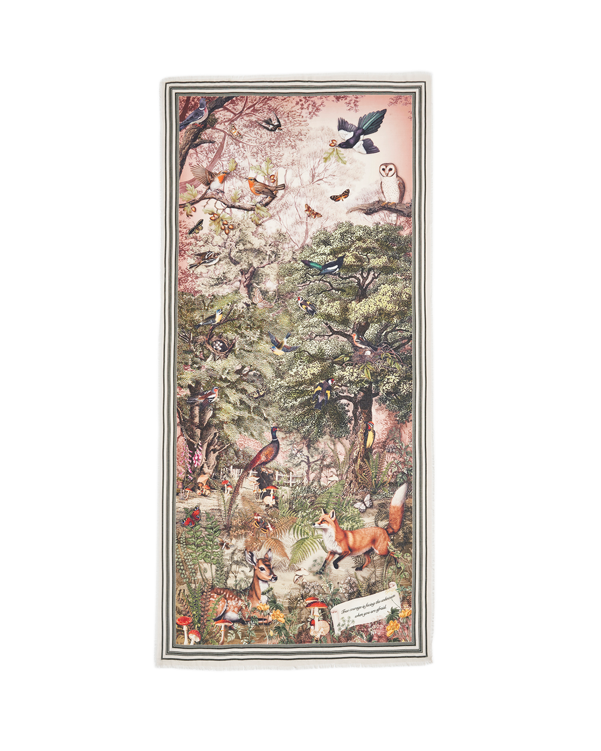 Decorative scarf with nature-themed design featuring animals and trees on a white background