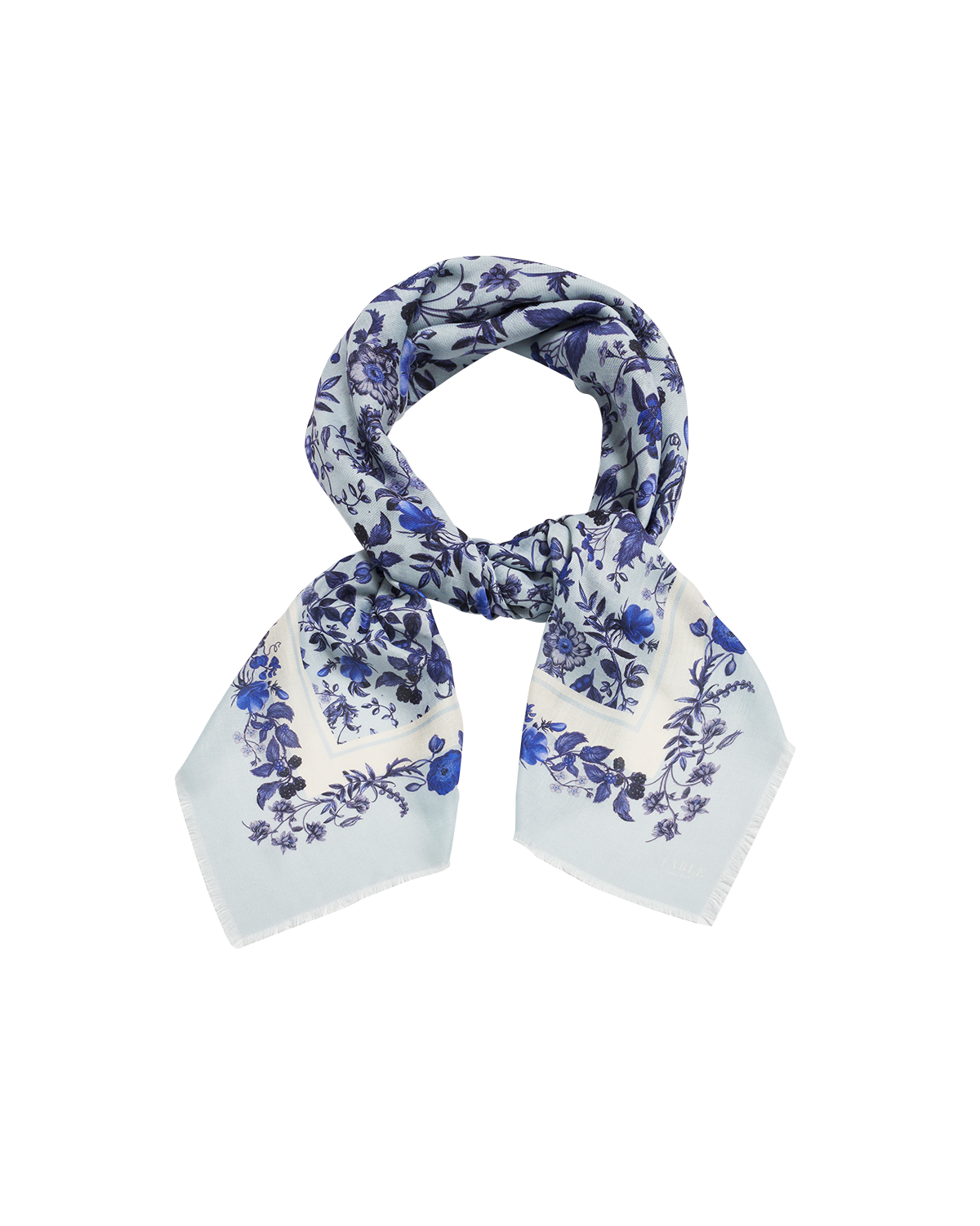 Blue floral patterned scarf on a white background