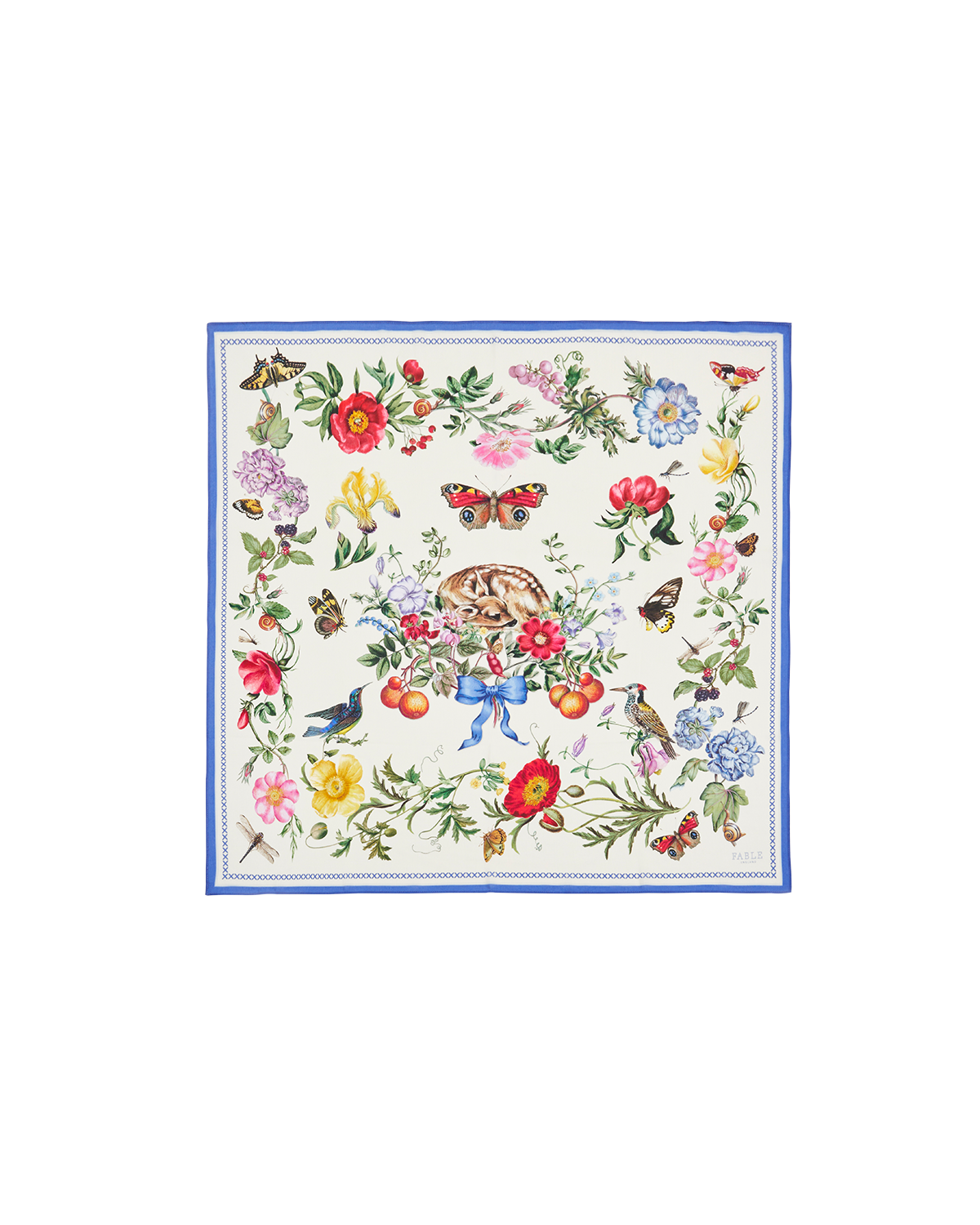 Decorative square scarf with floral and butterfly pattern on a white background