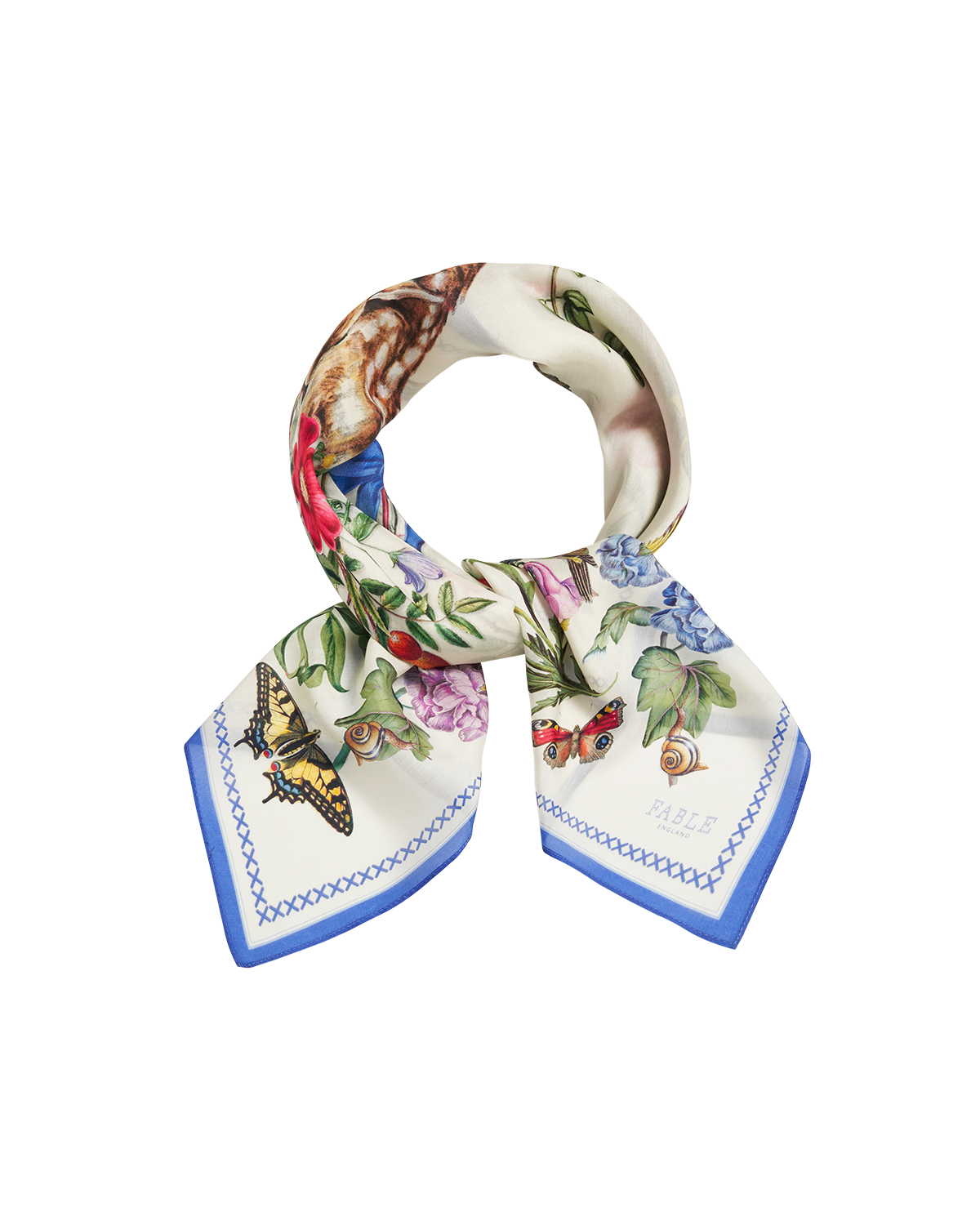 Colorful scarf with nature-themed design on a white background