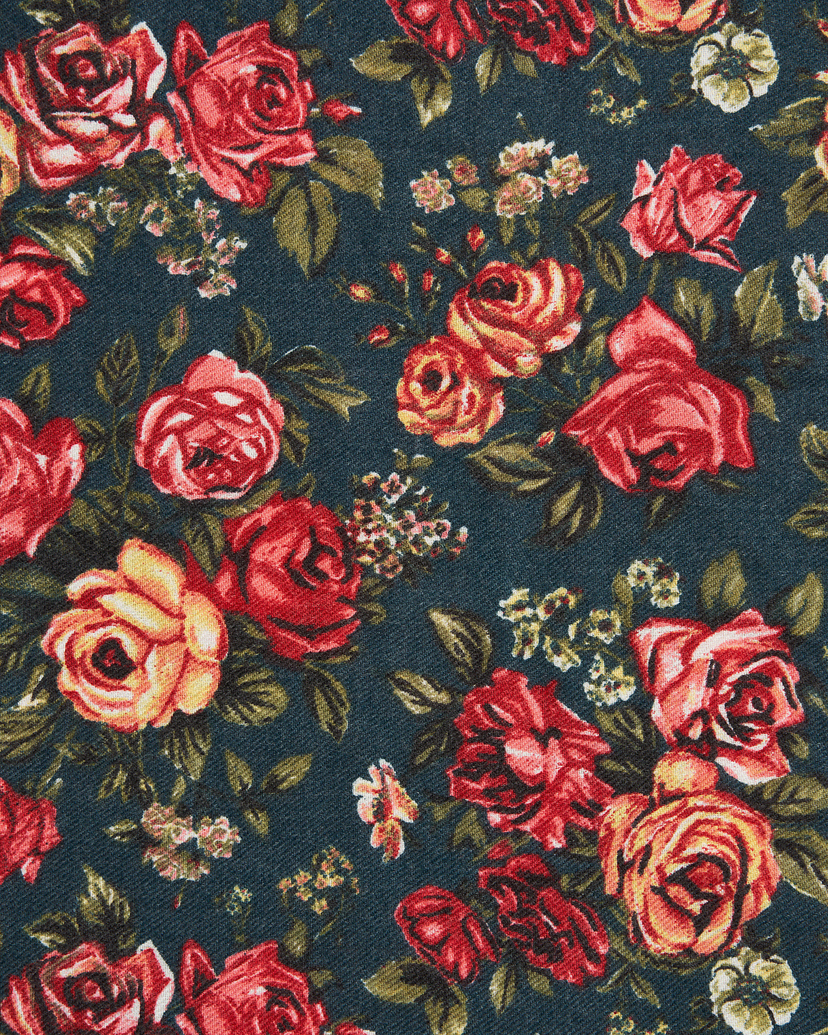 Floral pattern with red and orange roses on a dark blue background