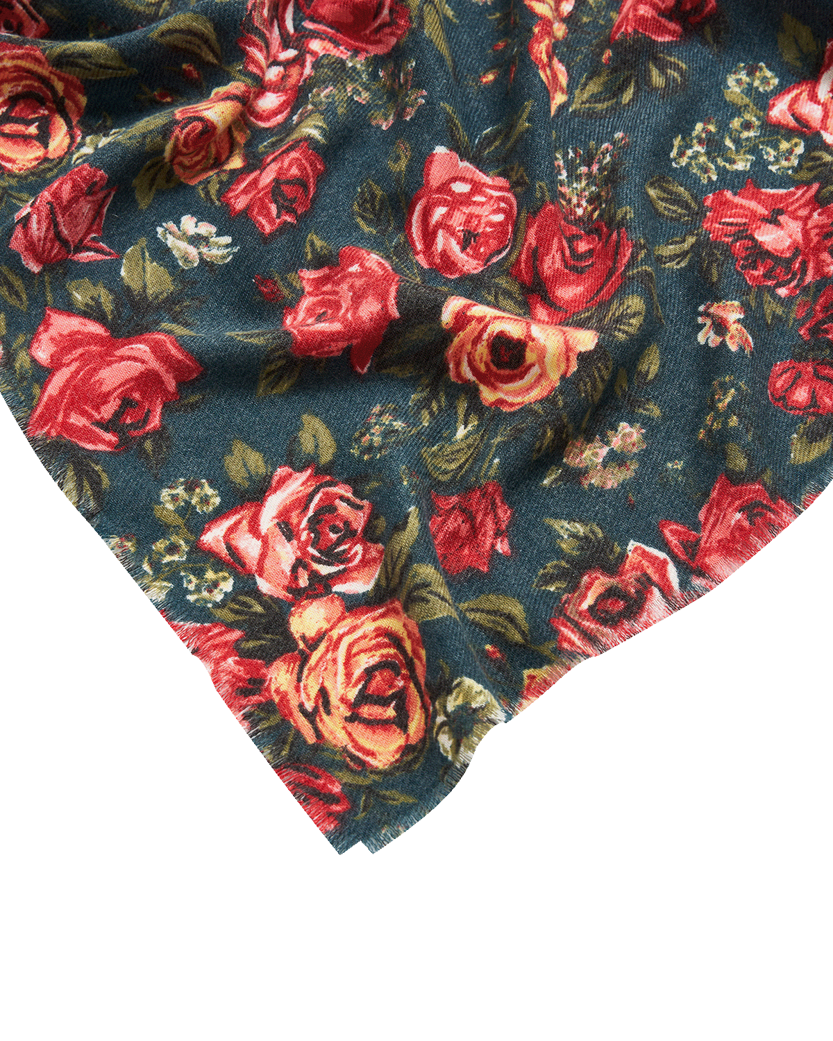 Floral fabric with red roses on a dark blue background