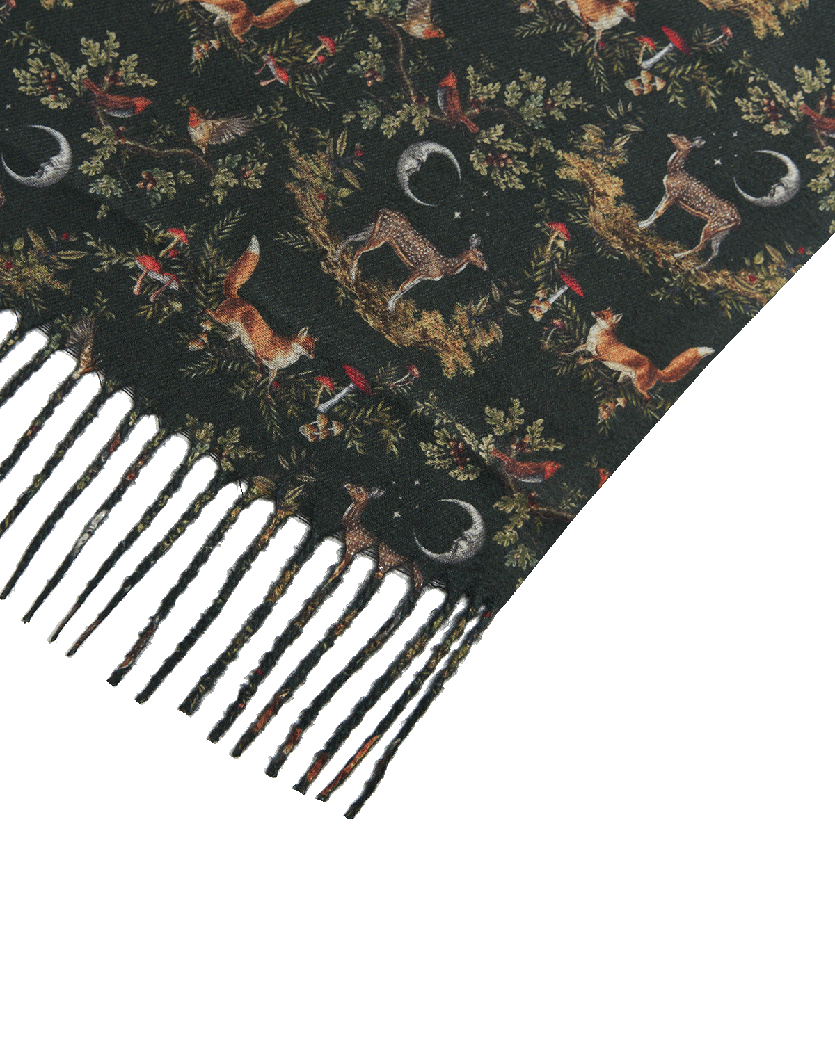 Green scarf with fox, deer and moon pattern on a dark background