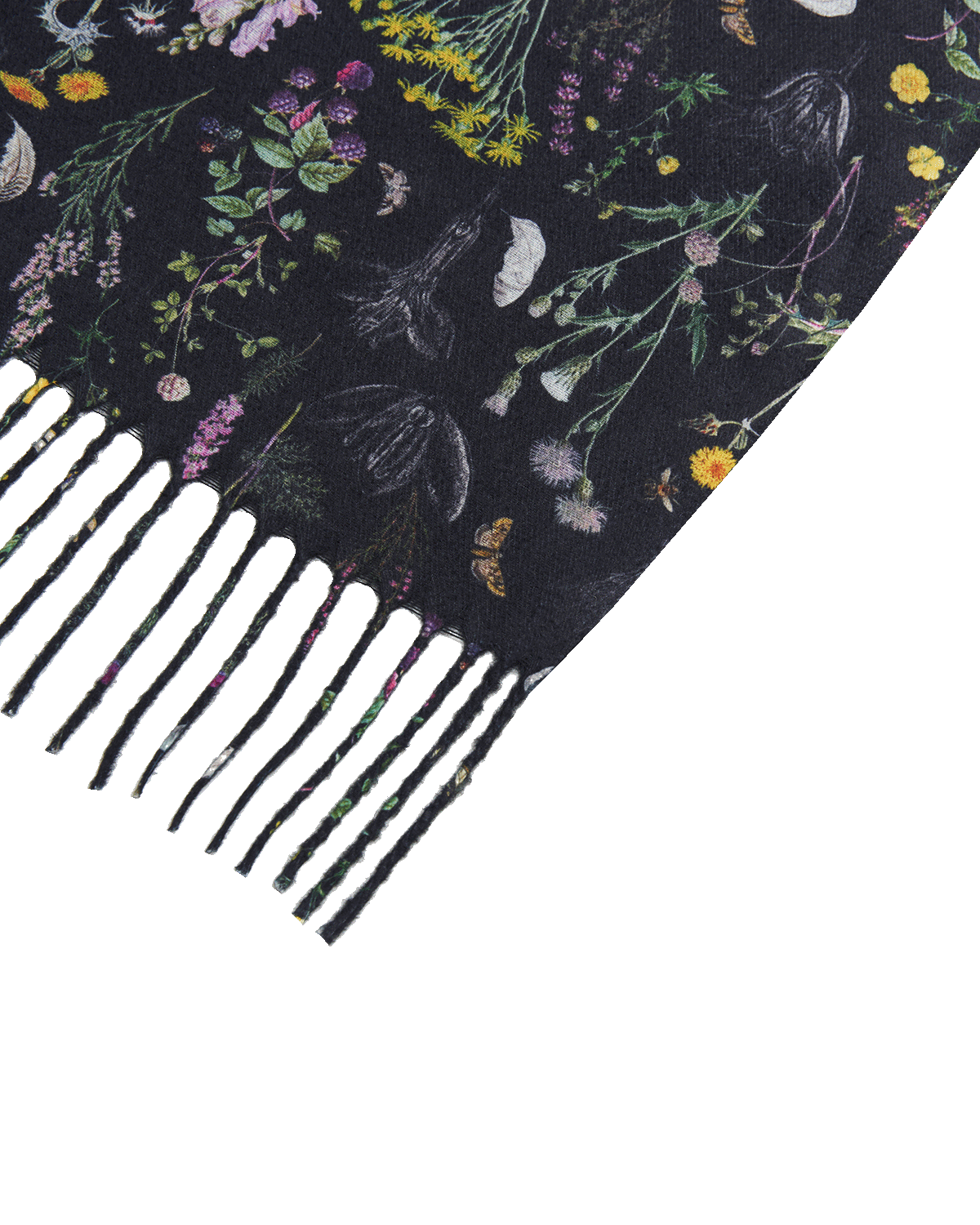 Scarf with floral pattern and white fringe on a black background