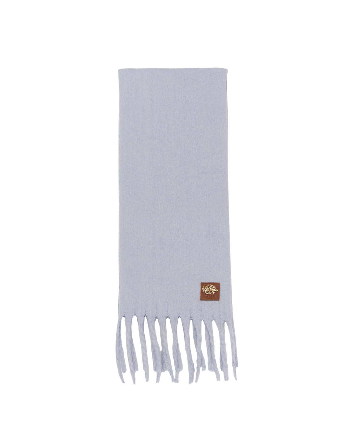 Gray scarf with a brand logo on a white background