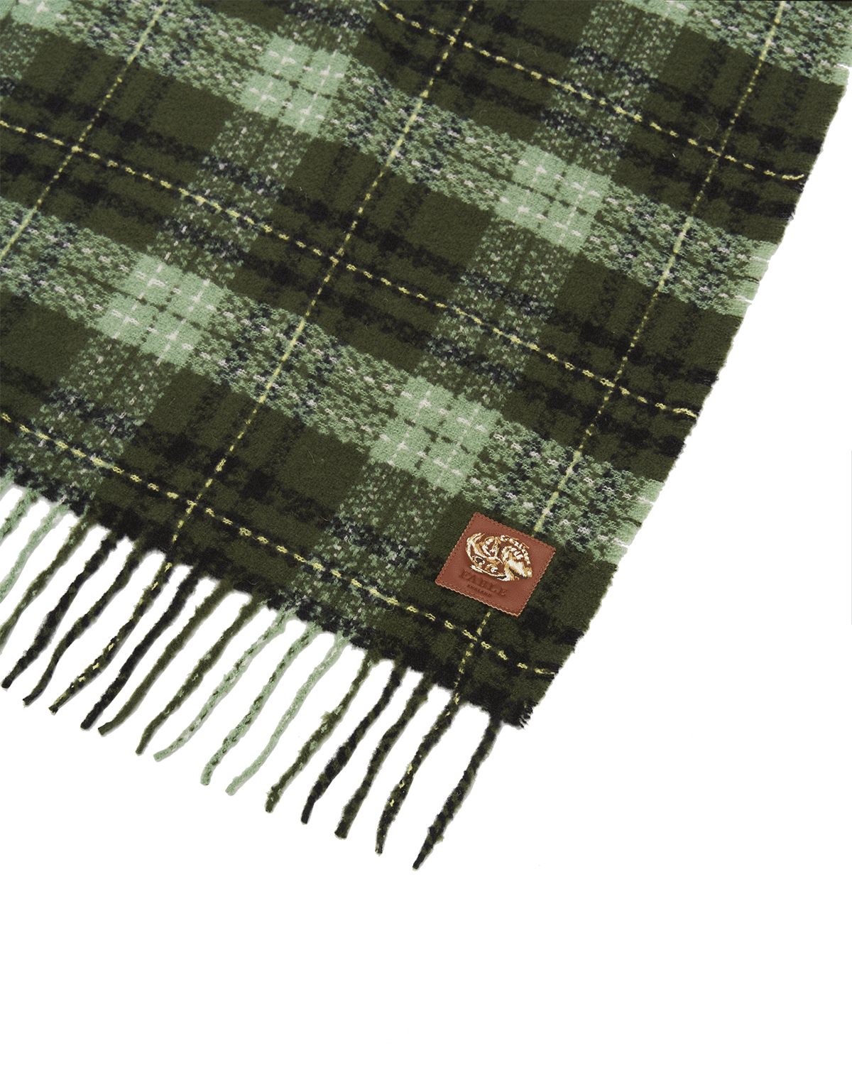 Green plaid scarf with a brand logo on a white background