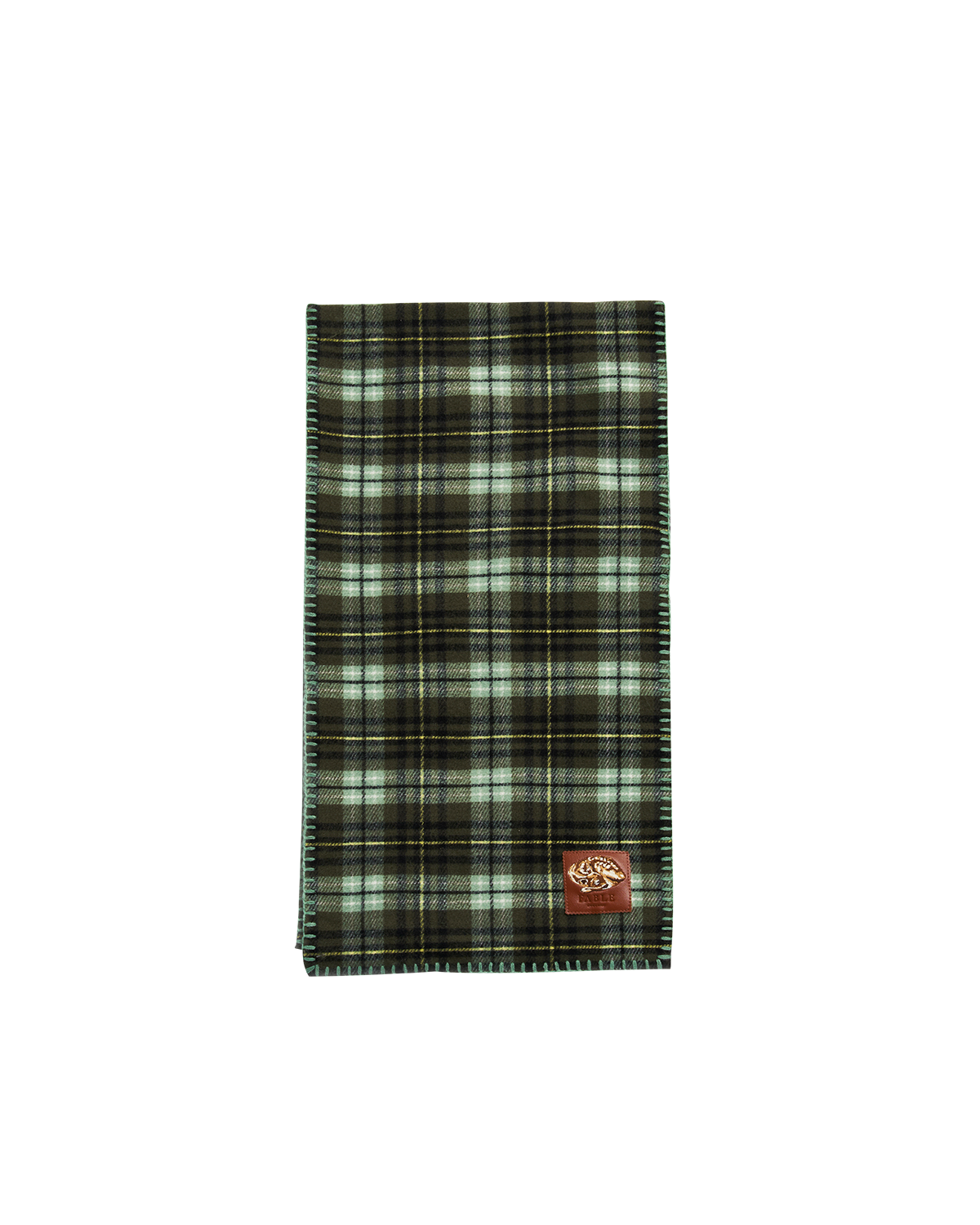 Plaid blanket with a brand logo on a white background