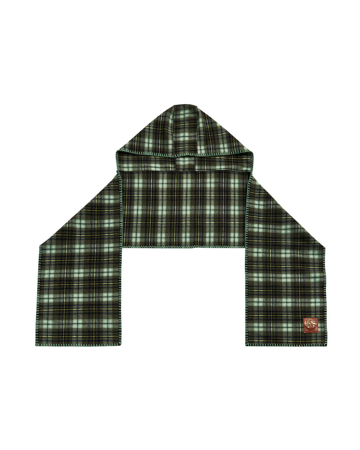 Green plaid hooded scarf on a white background
