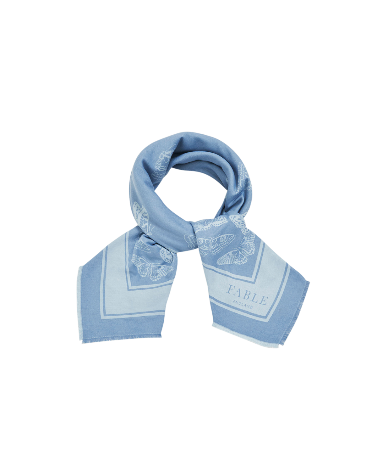 Blue Butterfly Jacquard Square Scarf in a knot