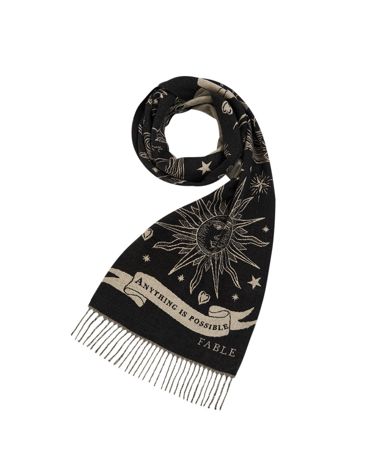 Freya Celestial Jacquard Black Scarf featuring celestial illustrations and the message 'Anything is Possible'.