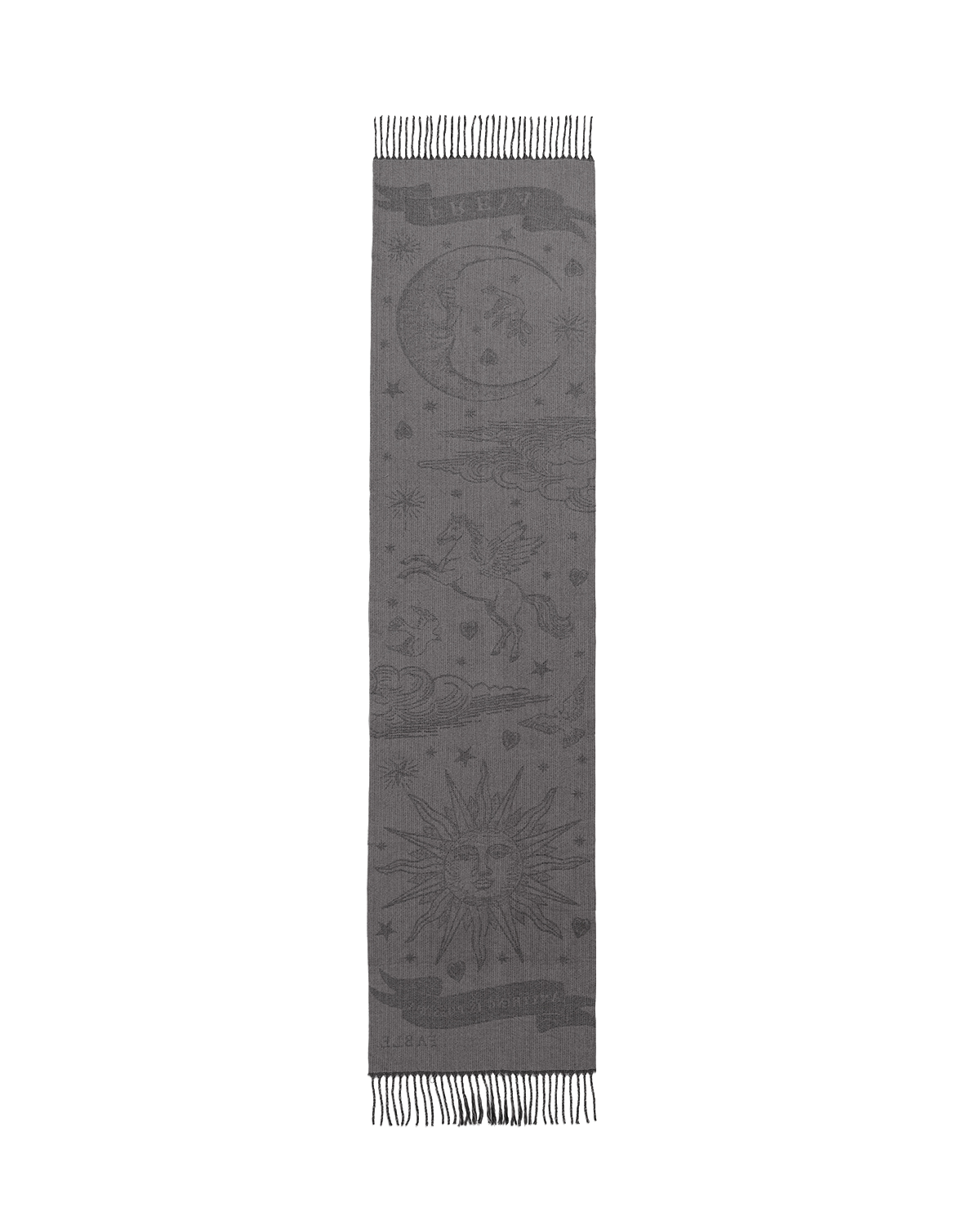 Freya Celestial Jacquard Black Scarf featuring moon and sun illustrations with a Pegasus and the text 'Anything is Possible'.