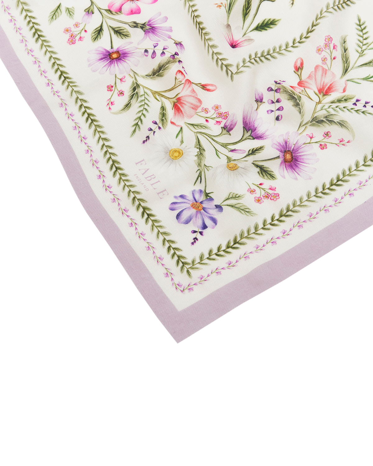 Cream Forget Me Not Narrative Square Scarf showcasing a vibrant floral print with soft fabric and frayed hems.