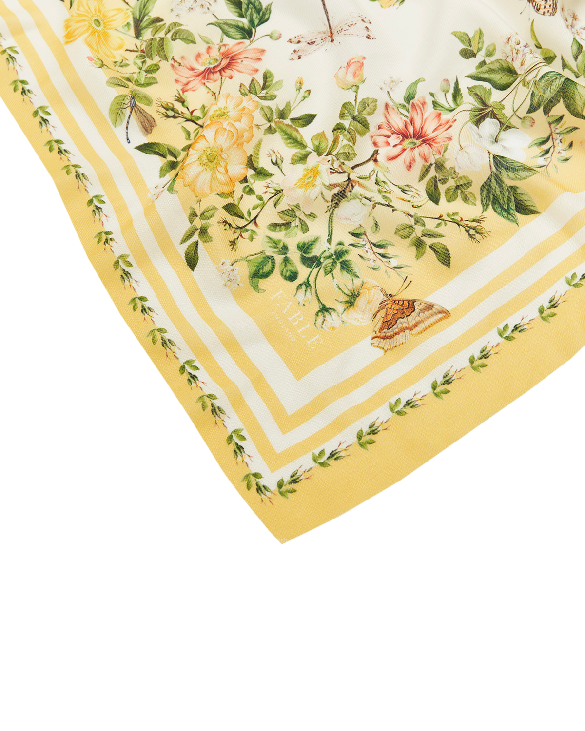 Yellow Cybele Narrative Square Scarf featuring vibrant flowers and mini cut fringes, perfect for sunny days.